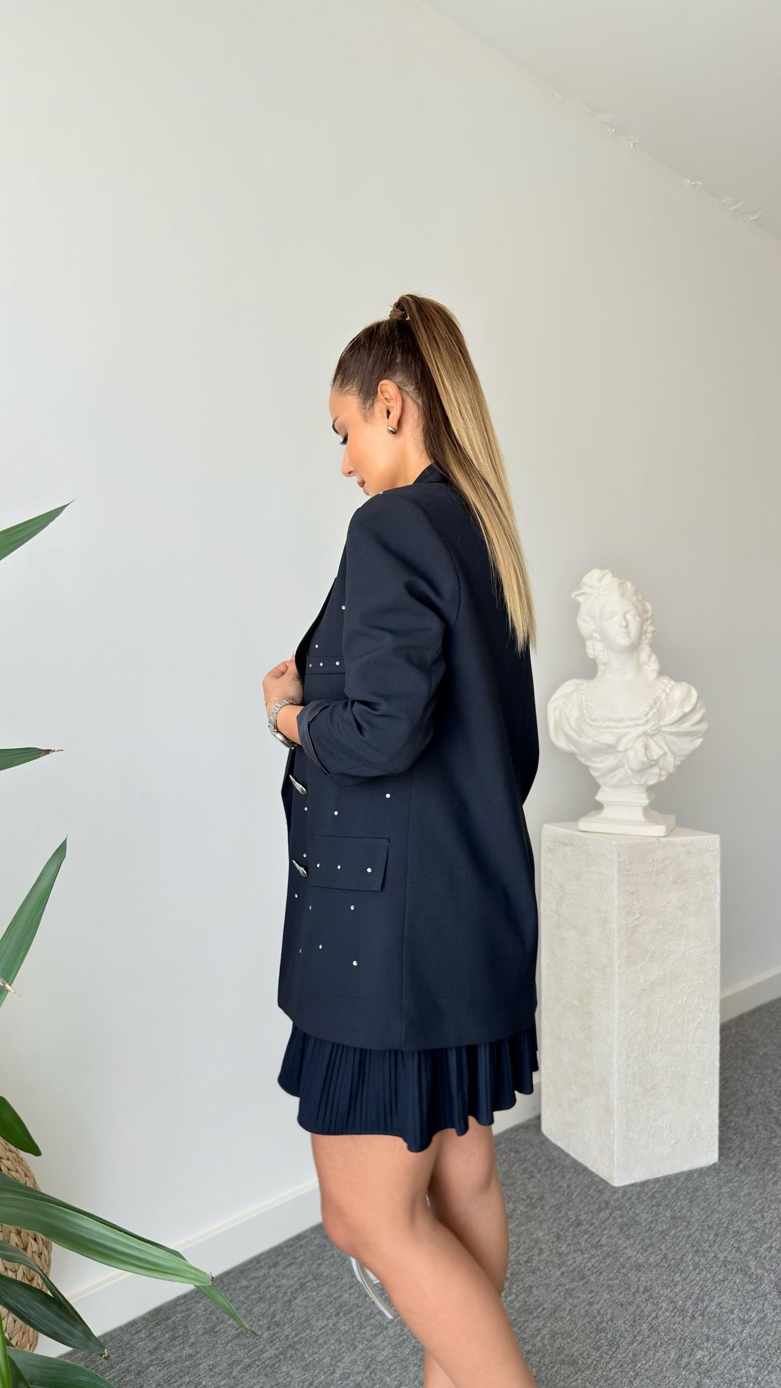 Lacivert Sia Taş Detaylı Blazer Ceket