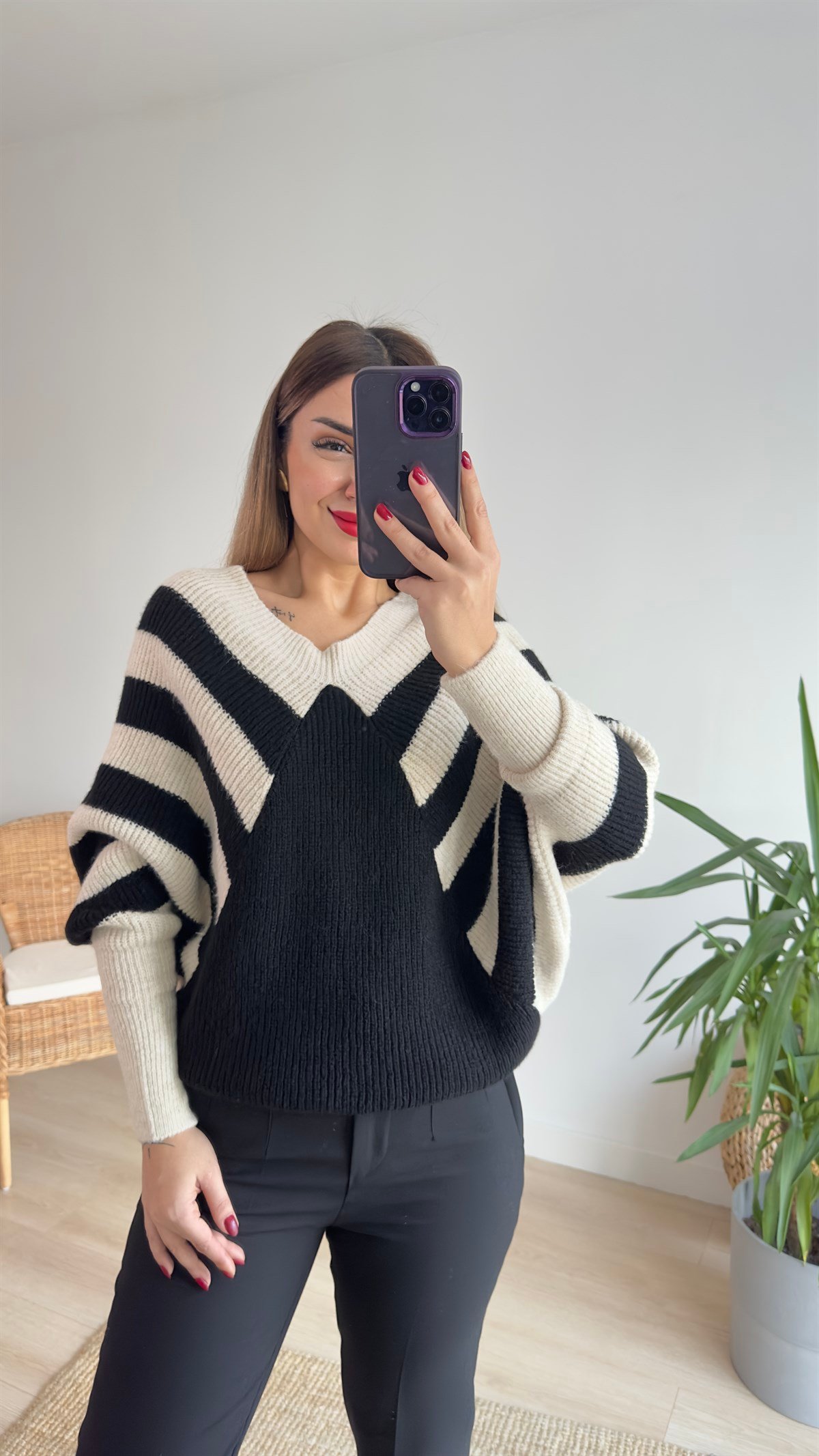 Yarasa Kol Çizgili Triko