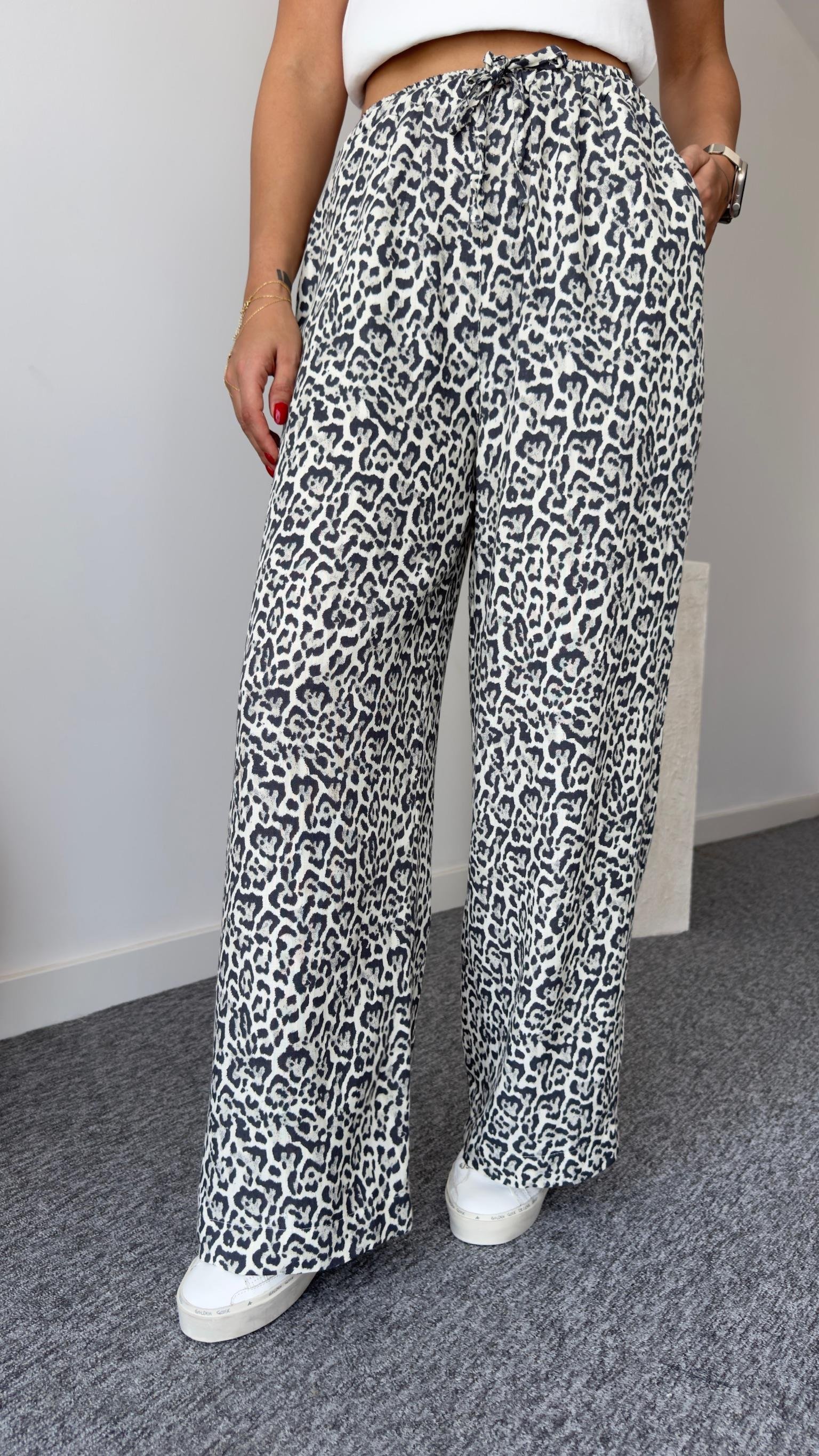 Bel Lastikli Keten Leopar Desen Pantolon