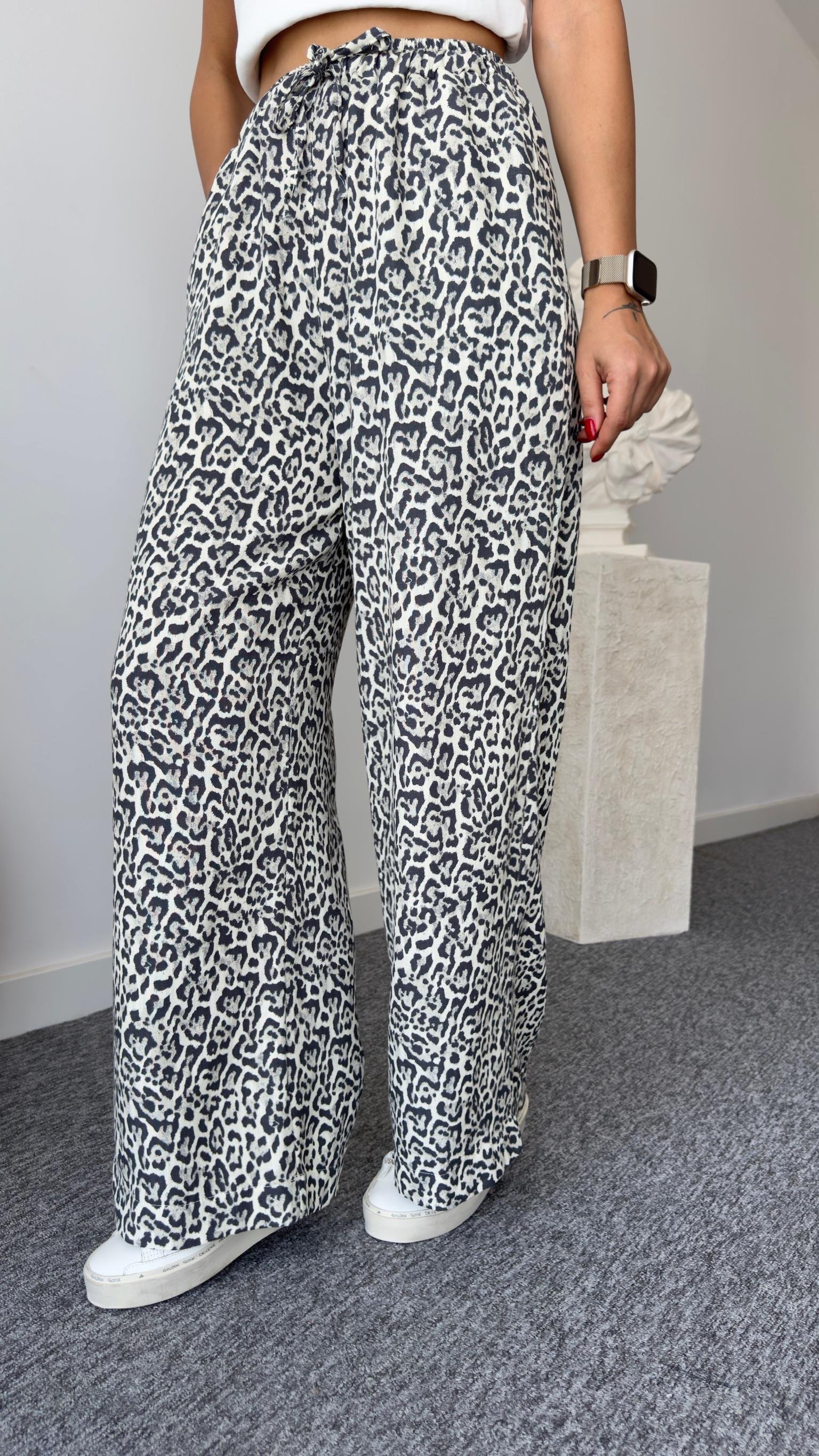 Bel Lastikli Keten Leopar Desen Pantolon