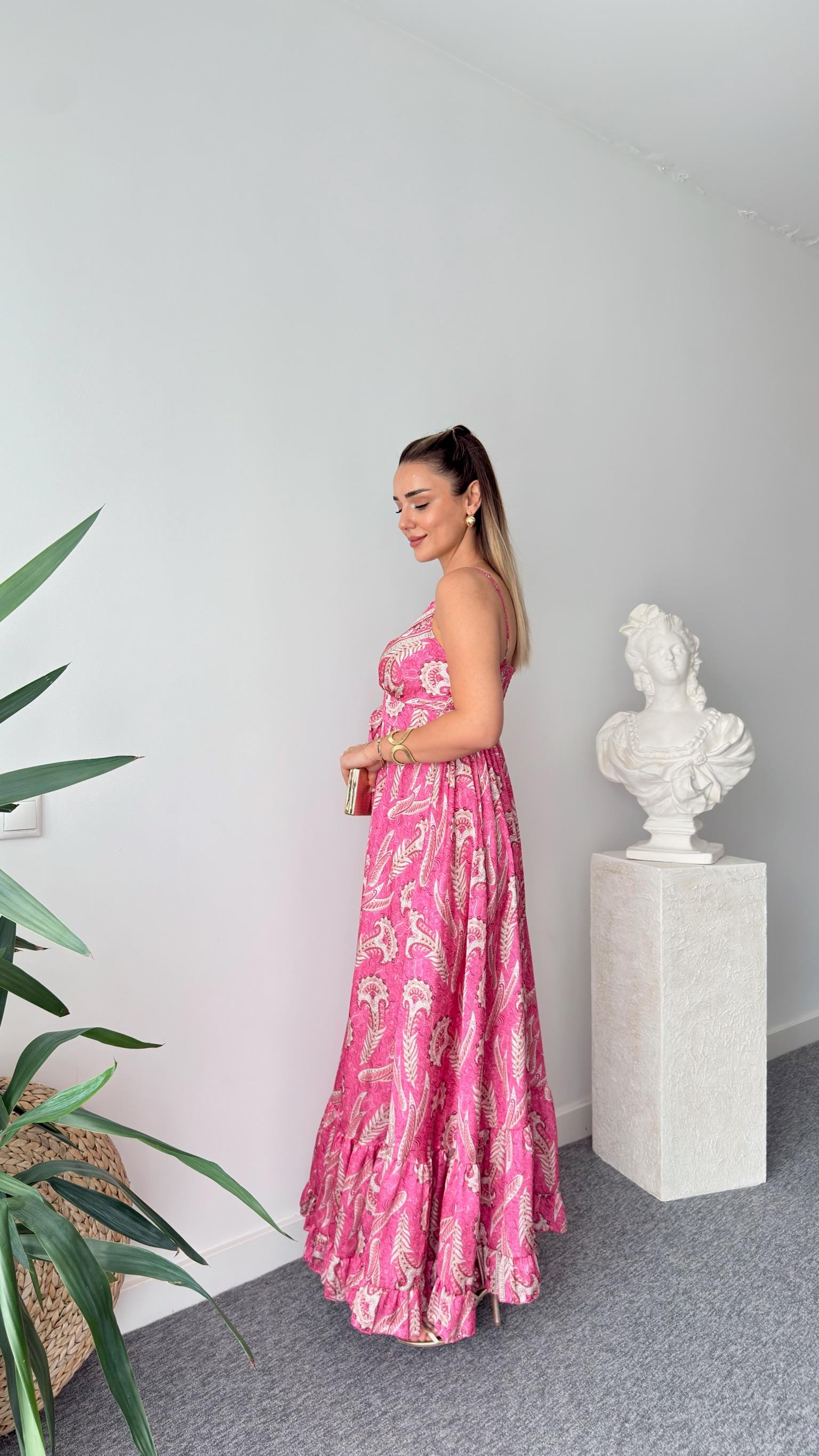Pembe Etnik Desen Saten Premium Elbise
