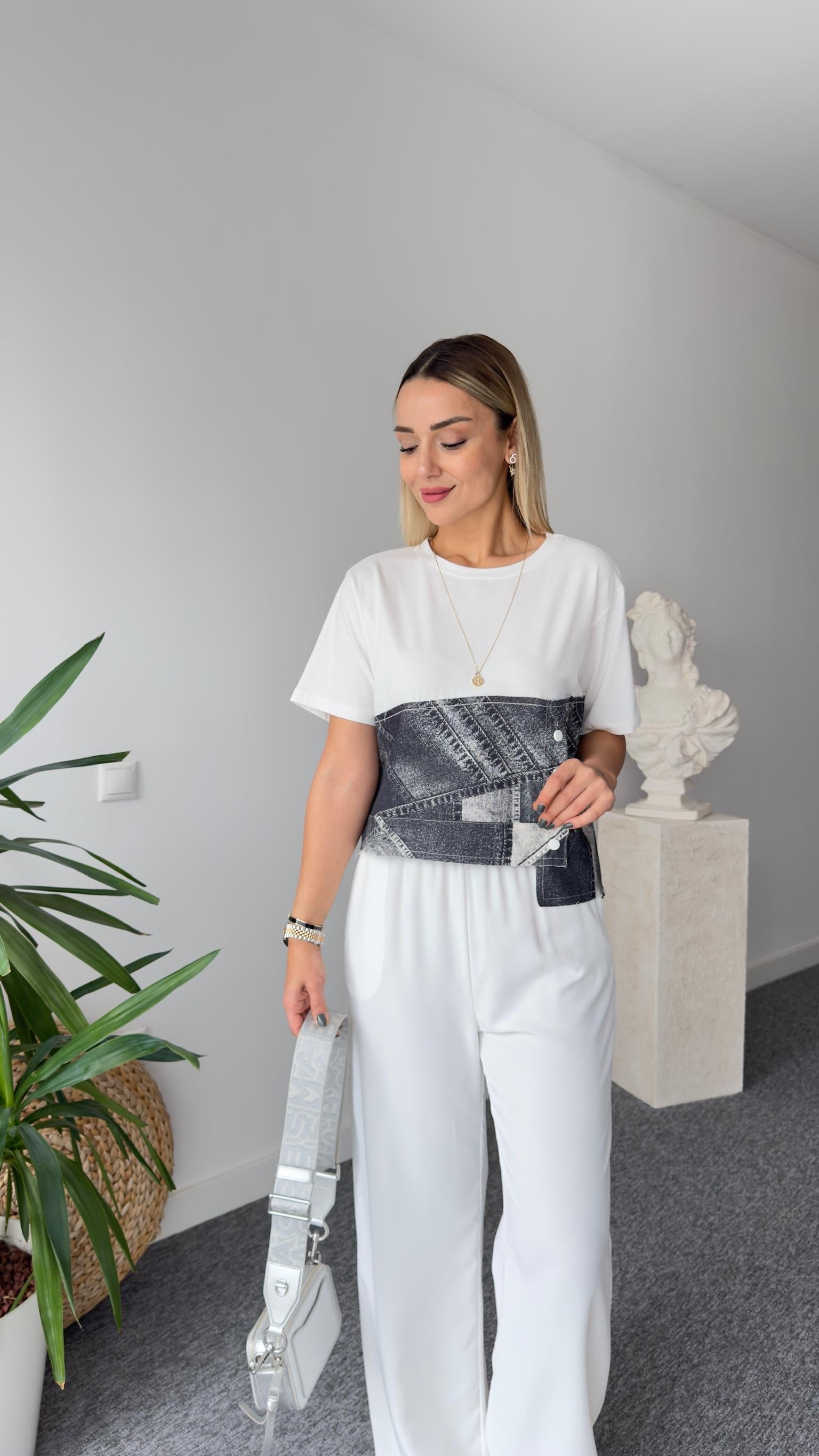 Kot Görünümlü Asimetrik Beyaz Tshirt