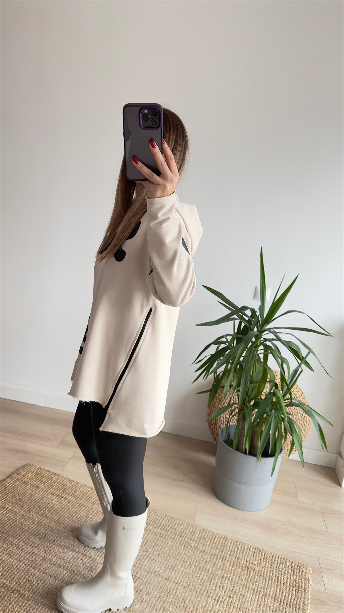 Yazı Ve Fermuar Detaylı Krem Sweat