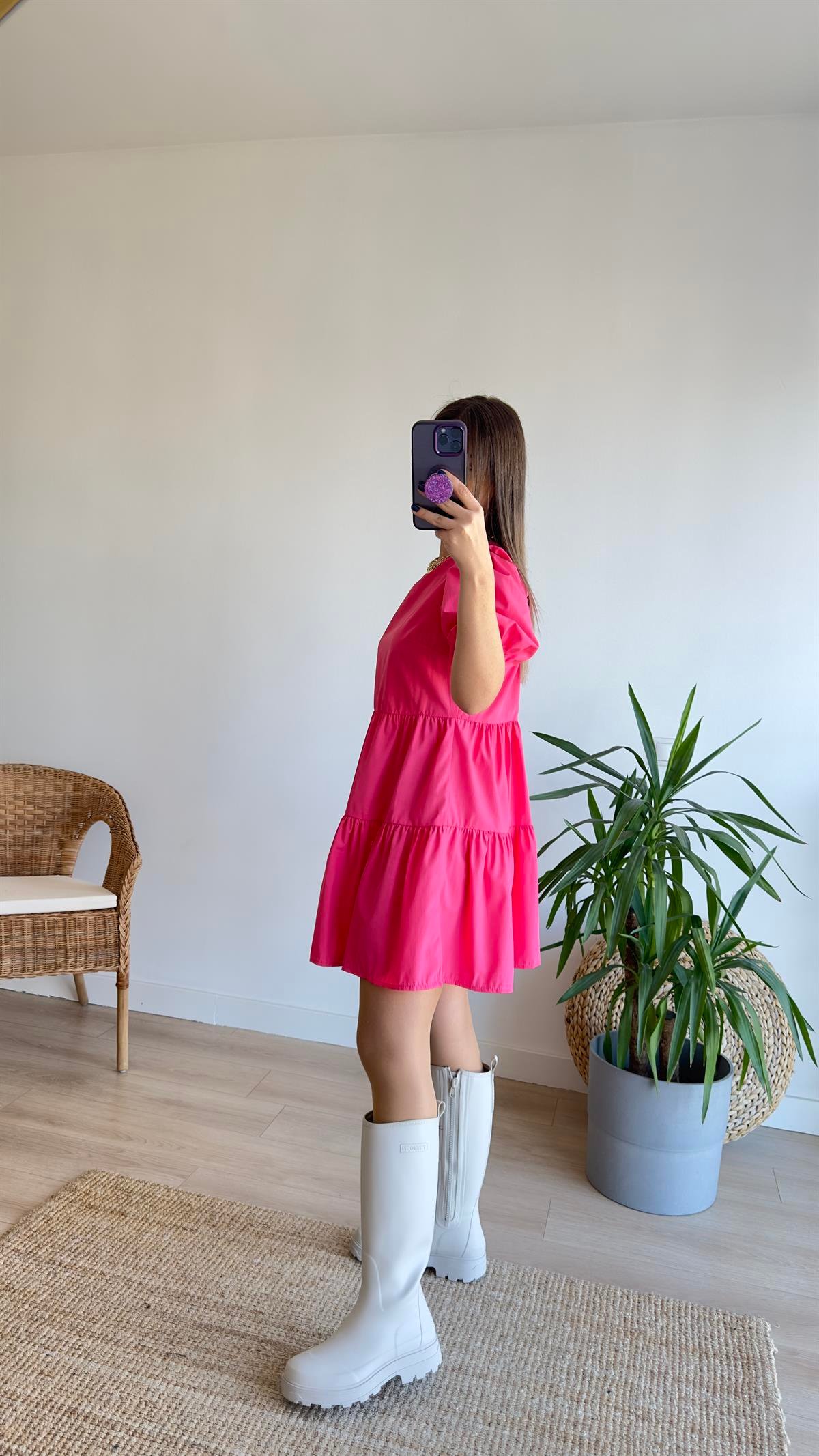 Sırt Pencereli Pembe Poplin Elbise