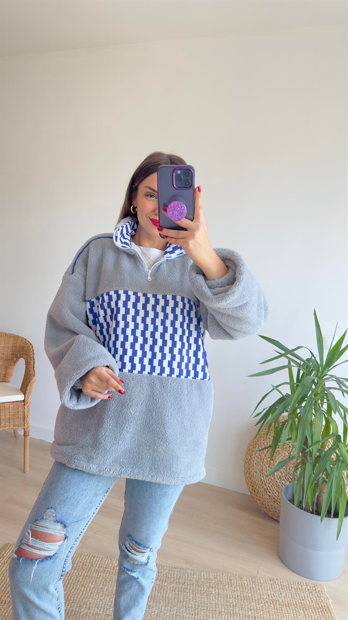 Mavi Desenli Peluş Sweat