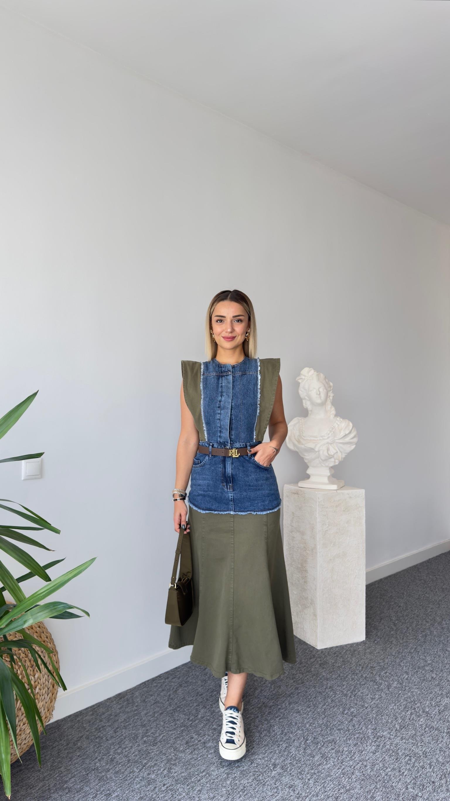 Haki Geçişli Tasarım Denim Elbise 