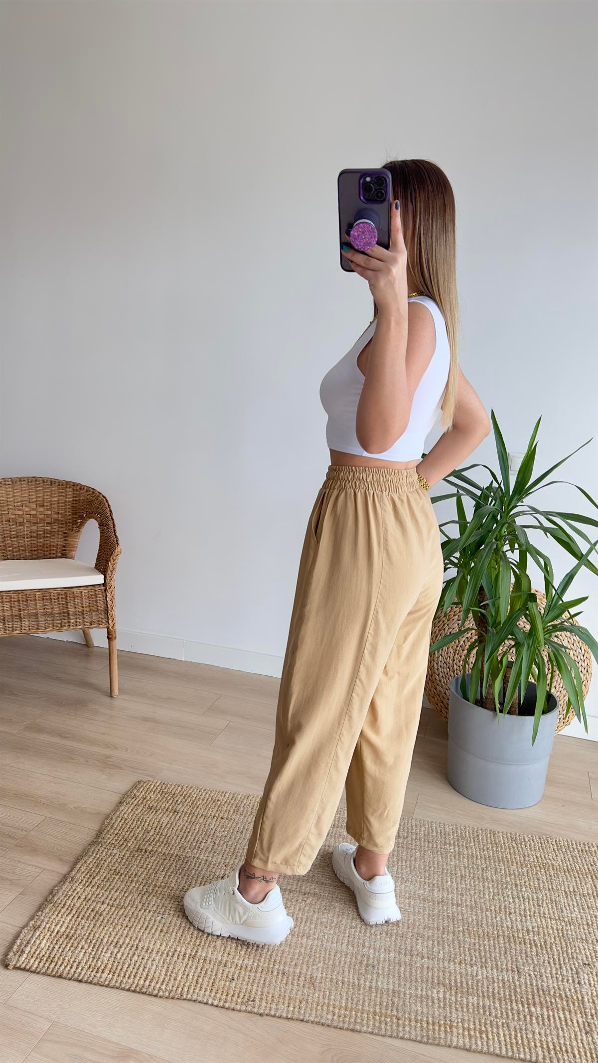 Beli Lastikli Camel Şalvar Pantolon