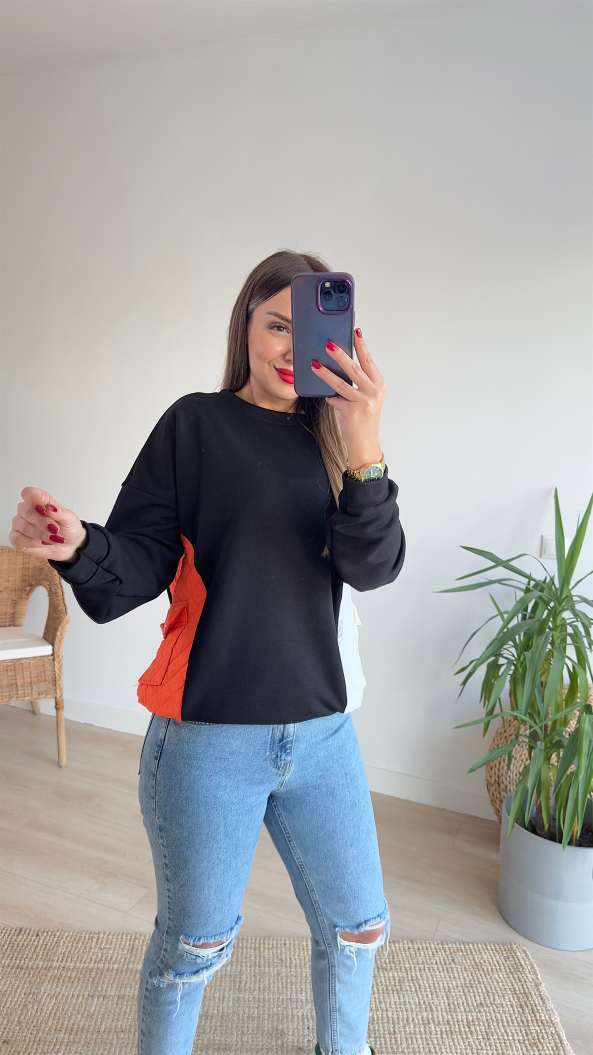 Turuncu Beyaz Kapitoneli Sweat