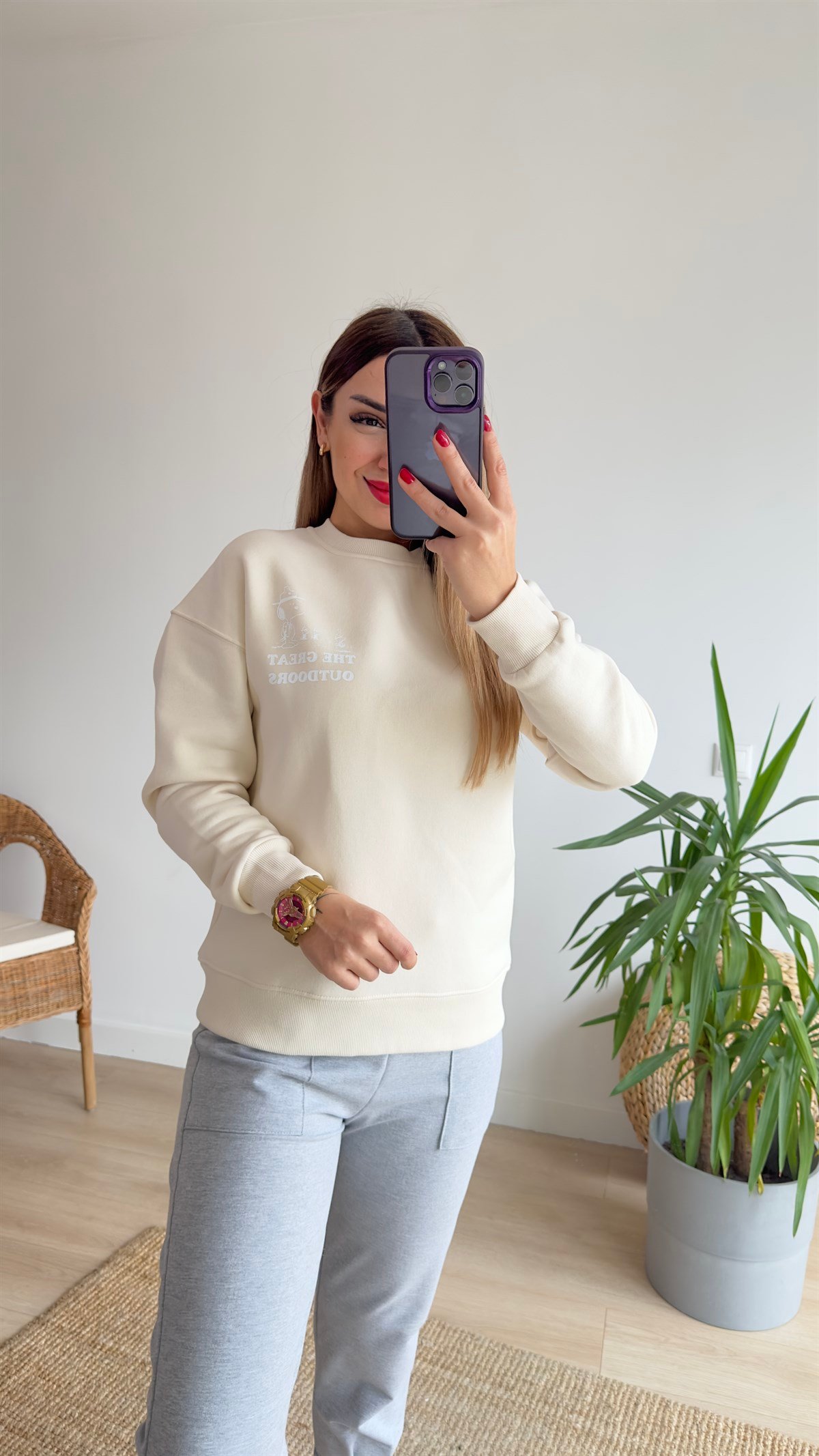 Snoopy Baskılı Bej Sweatshirt
