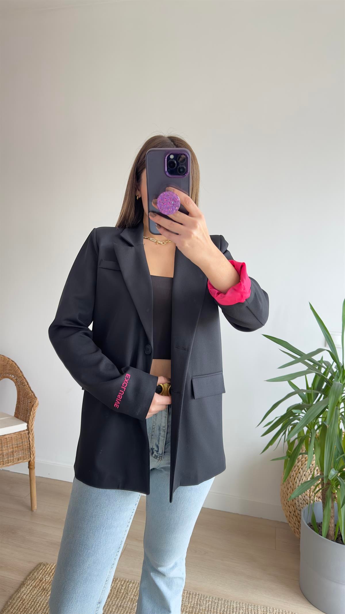 Ravi Pembe Yazı Detaylı Blazer Ceket