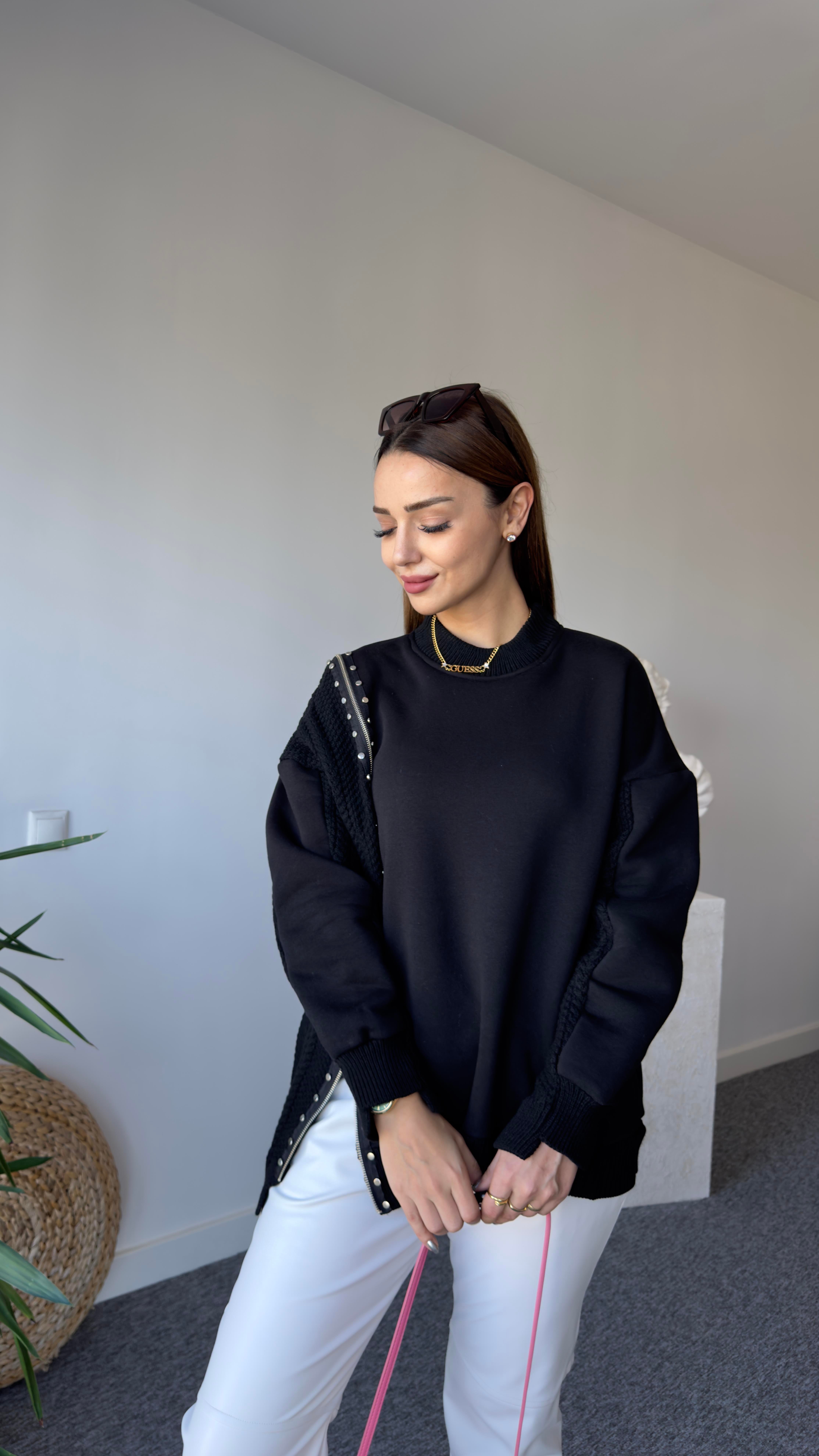 Fermuarlı Taş Detay Orj Model Siyah Tasarım Sweat