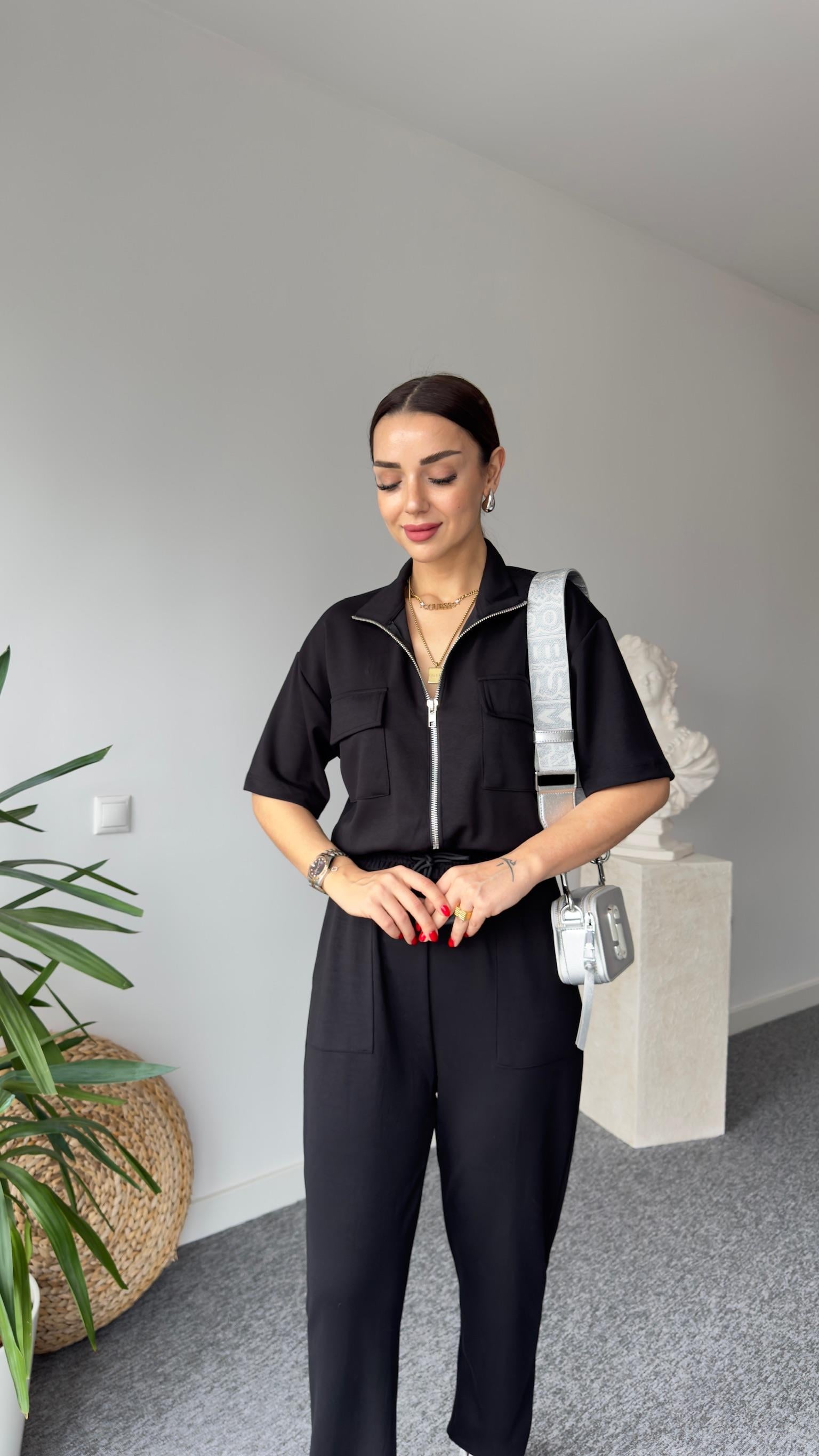 Fermuar Detaylı Siyah Modal Tulum