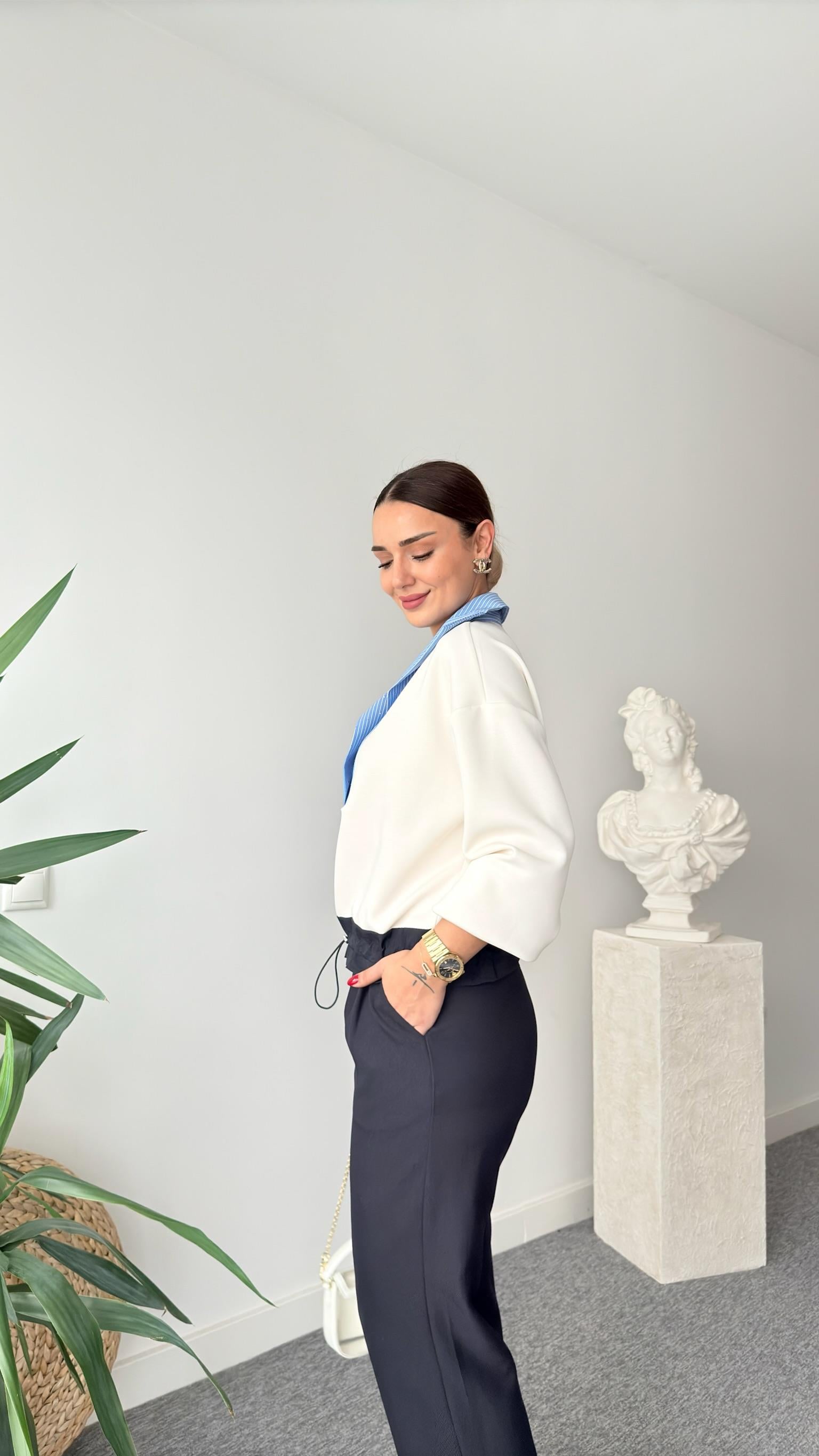 Viyana Bel Büzgülü Taşlı Poplin Garni Modal Sweat