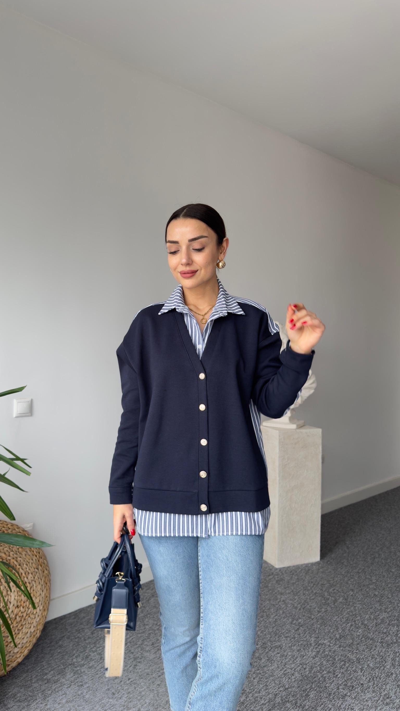Lacivert Poplin Gömlek Detaylı Sweat Hırka