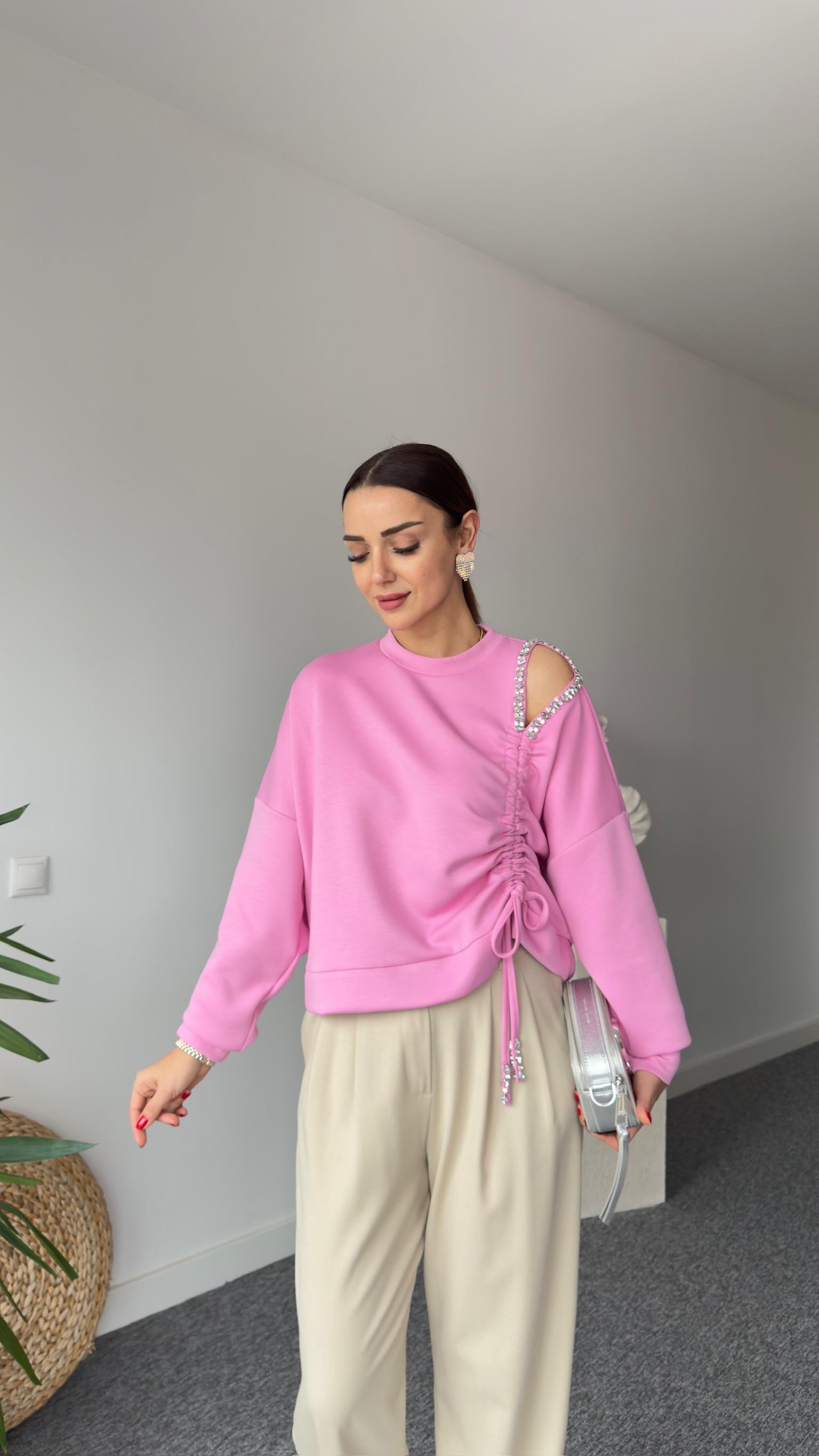 Premıum Büzgülü Taş Detay Pembe Modal Sweat