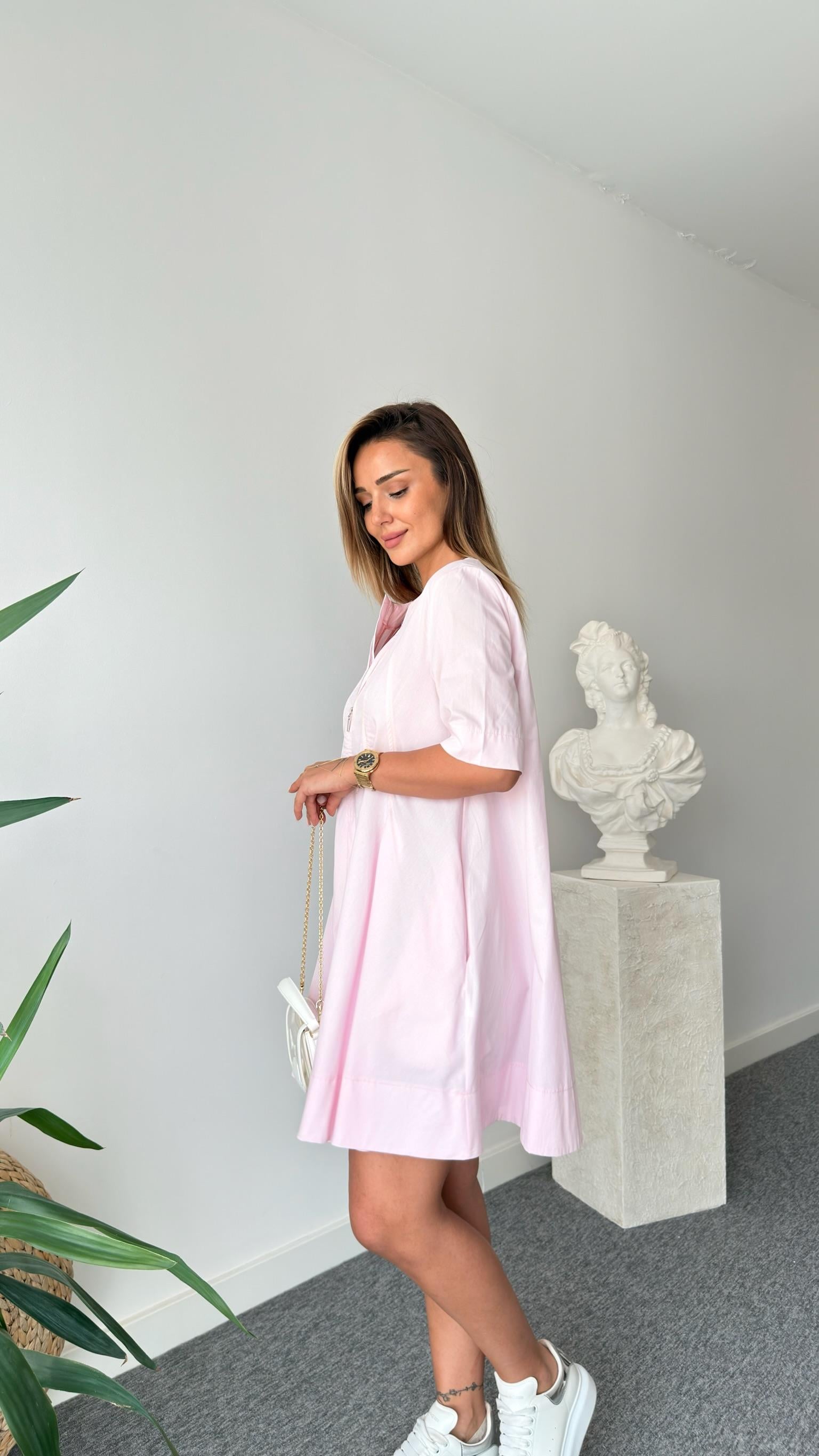 Pembe Lana Önü Pileli Elbise 