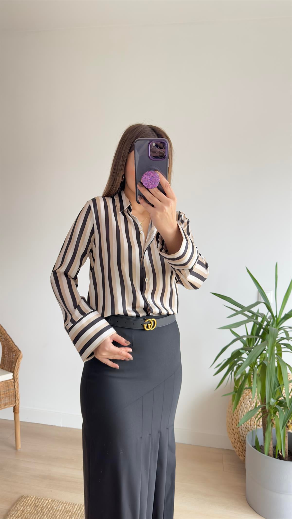 Zra Model Bej Siyah Saten Gömlek