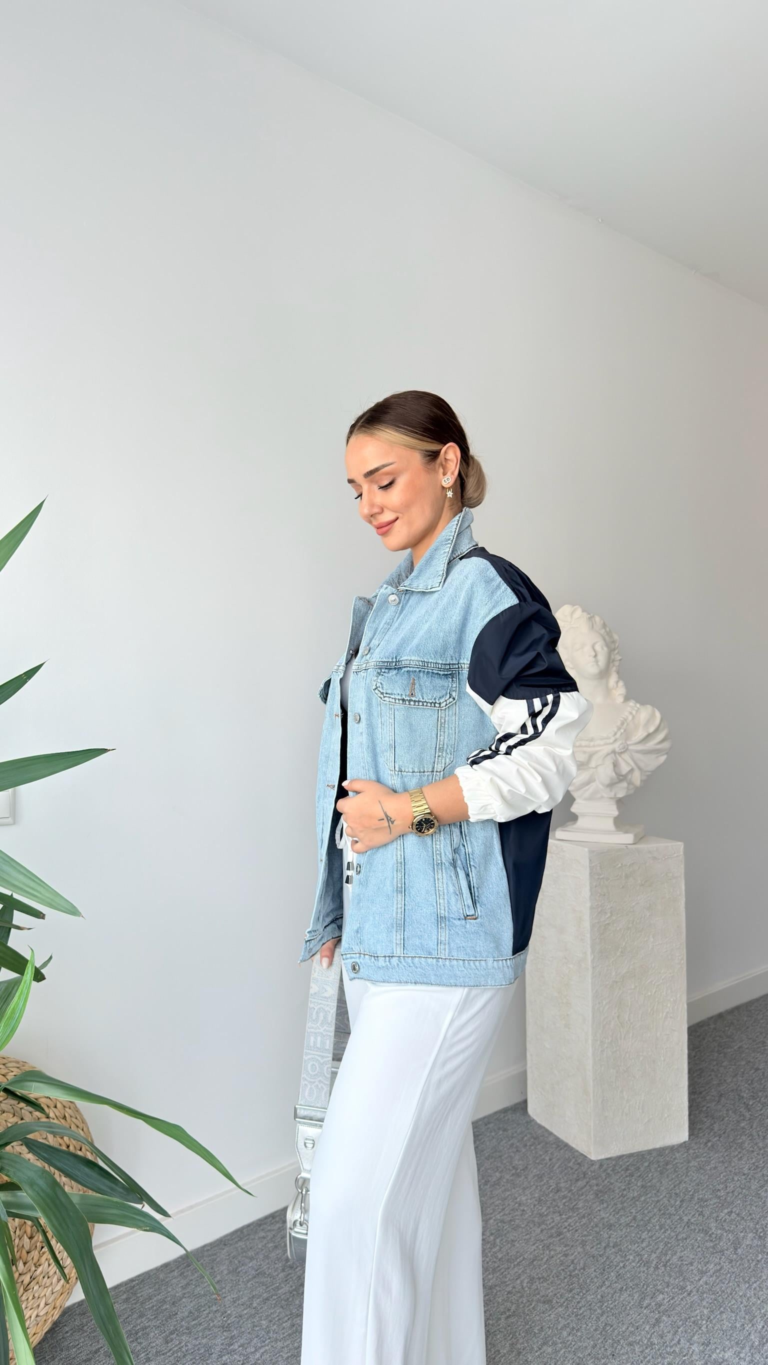 Lacivert Beyaz Paraşüt Detaylı Jean Ceket