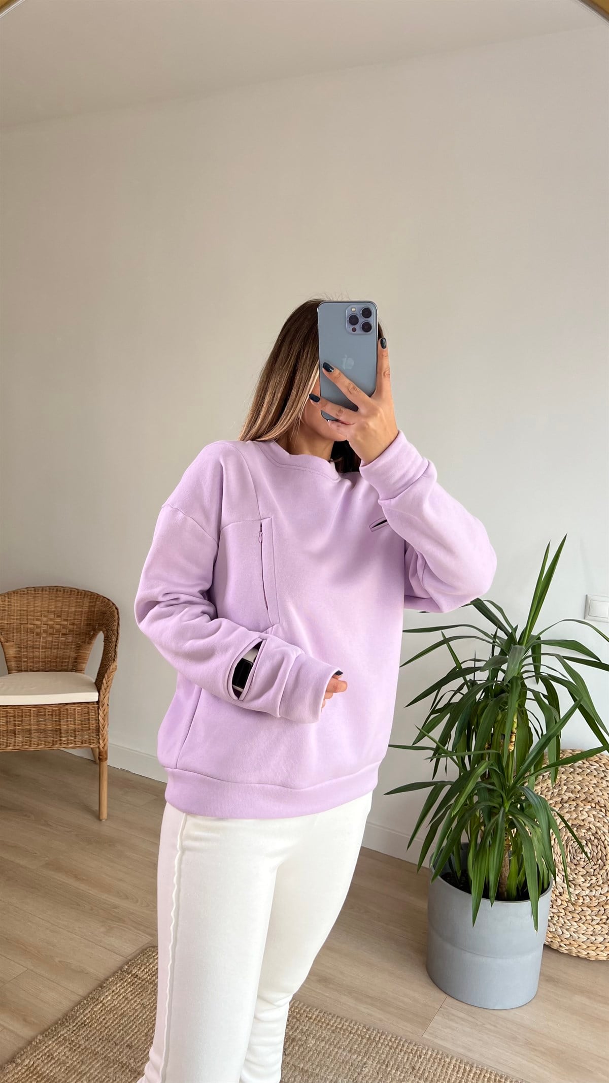 Kol Pencere Detaylı Şardonlu Lila Sweat