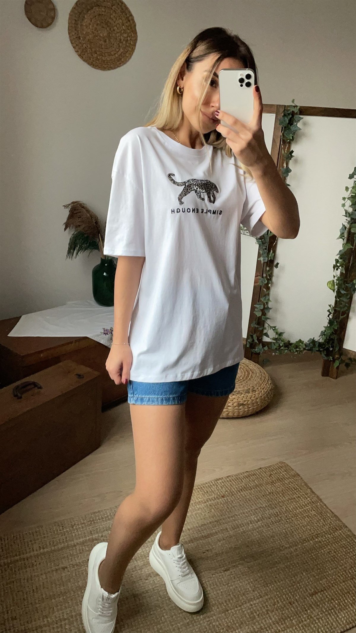 Kaplan Desen Beyaz Tshirt