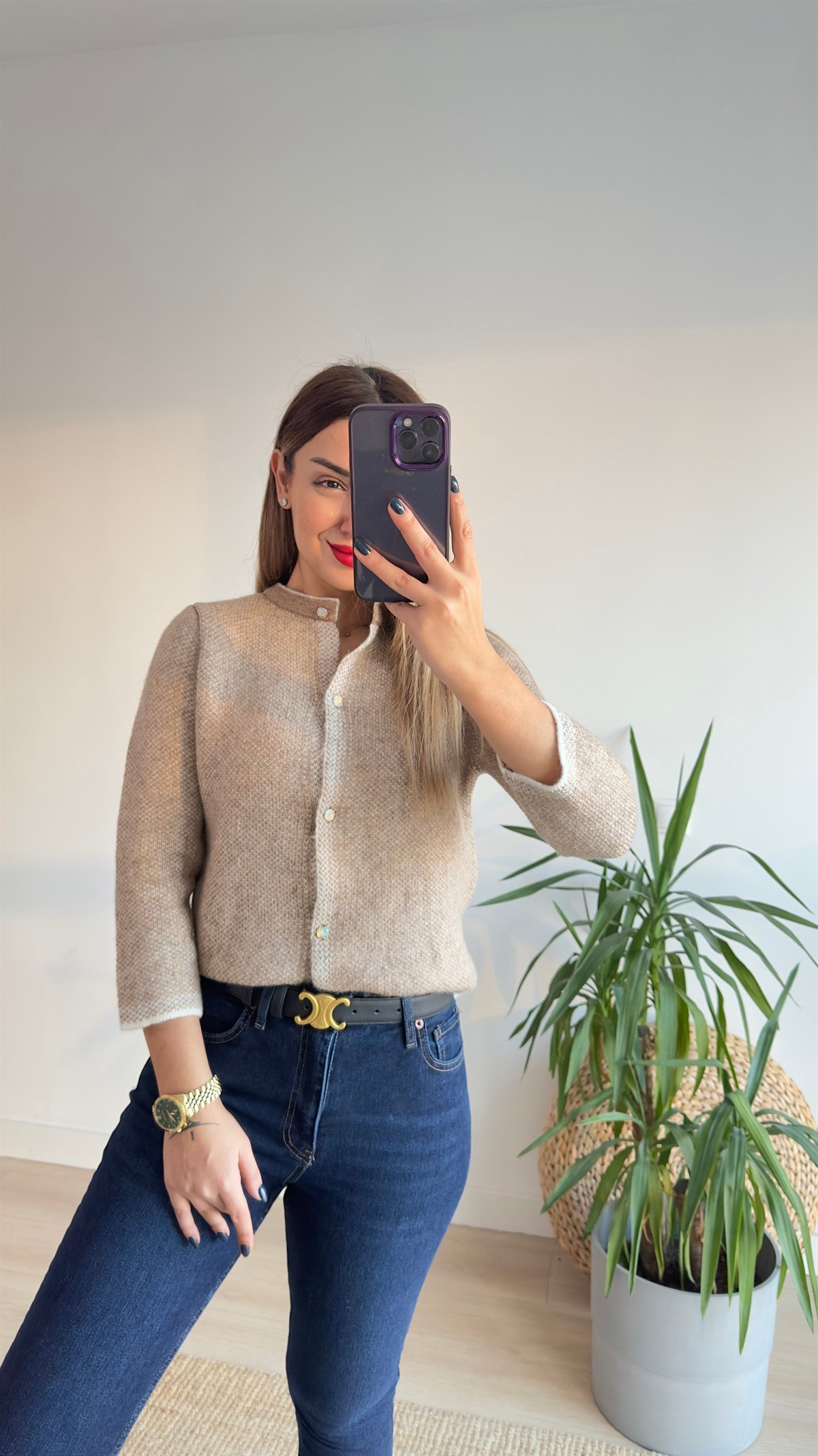 Orijinal Marka Taş Düğmeli Kapri Kol Hırka 