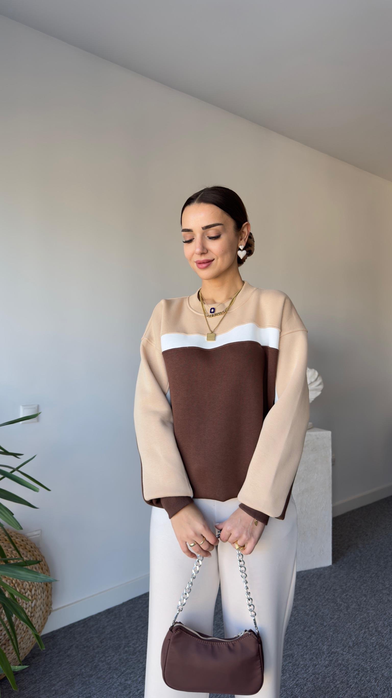 Beyaz Şeritli Çift Renk Sweat Kahve