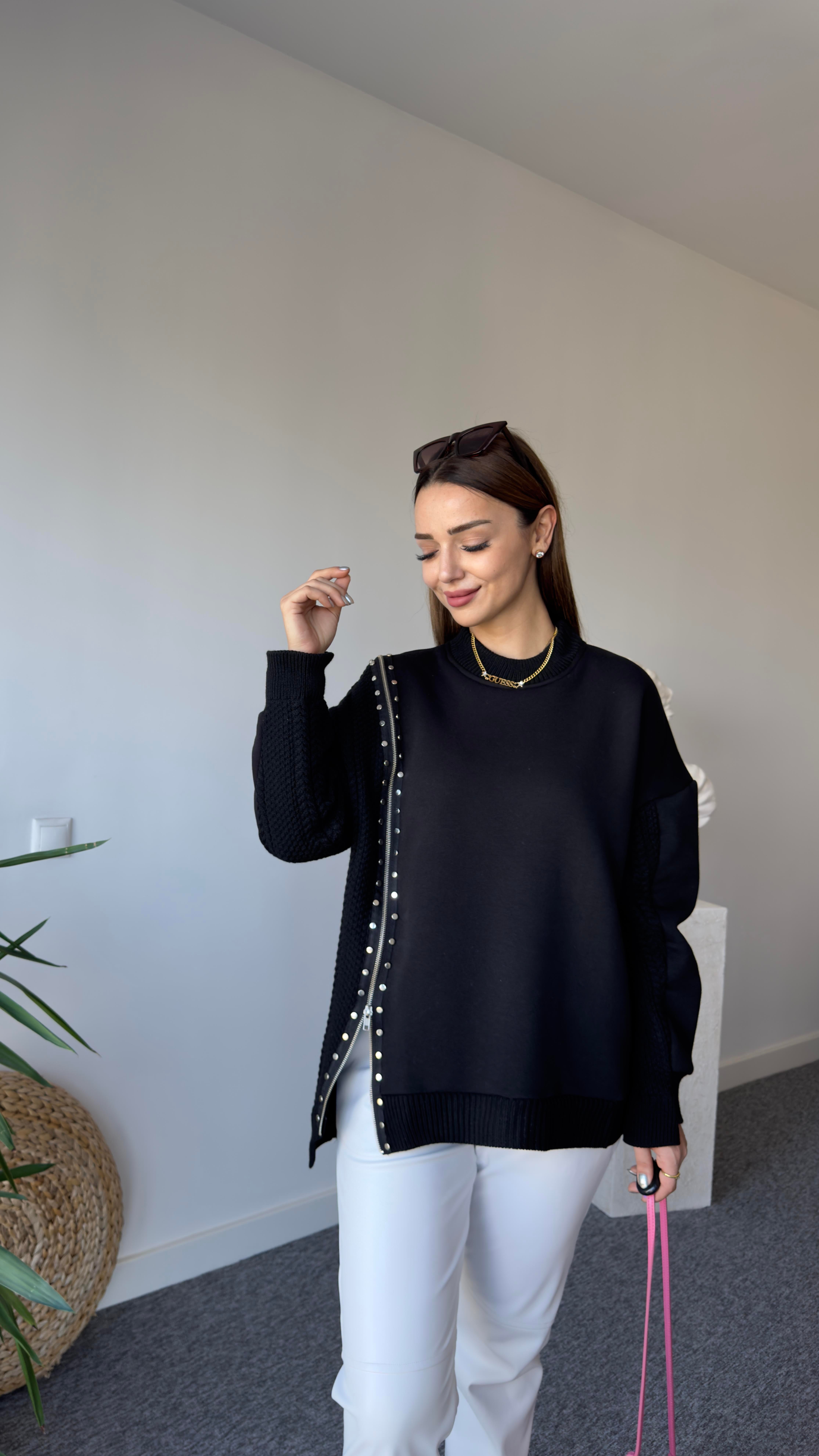 Fermuarlı Taş Detay Orj Model Siyah Tasarım Sweat