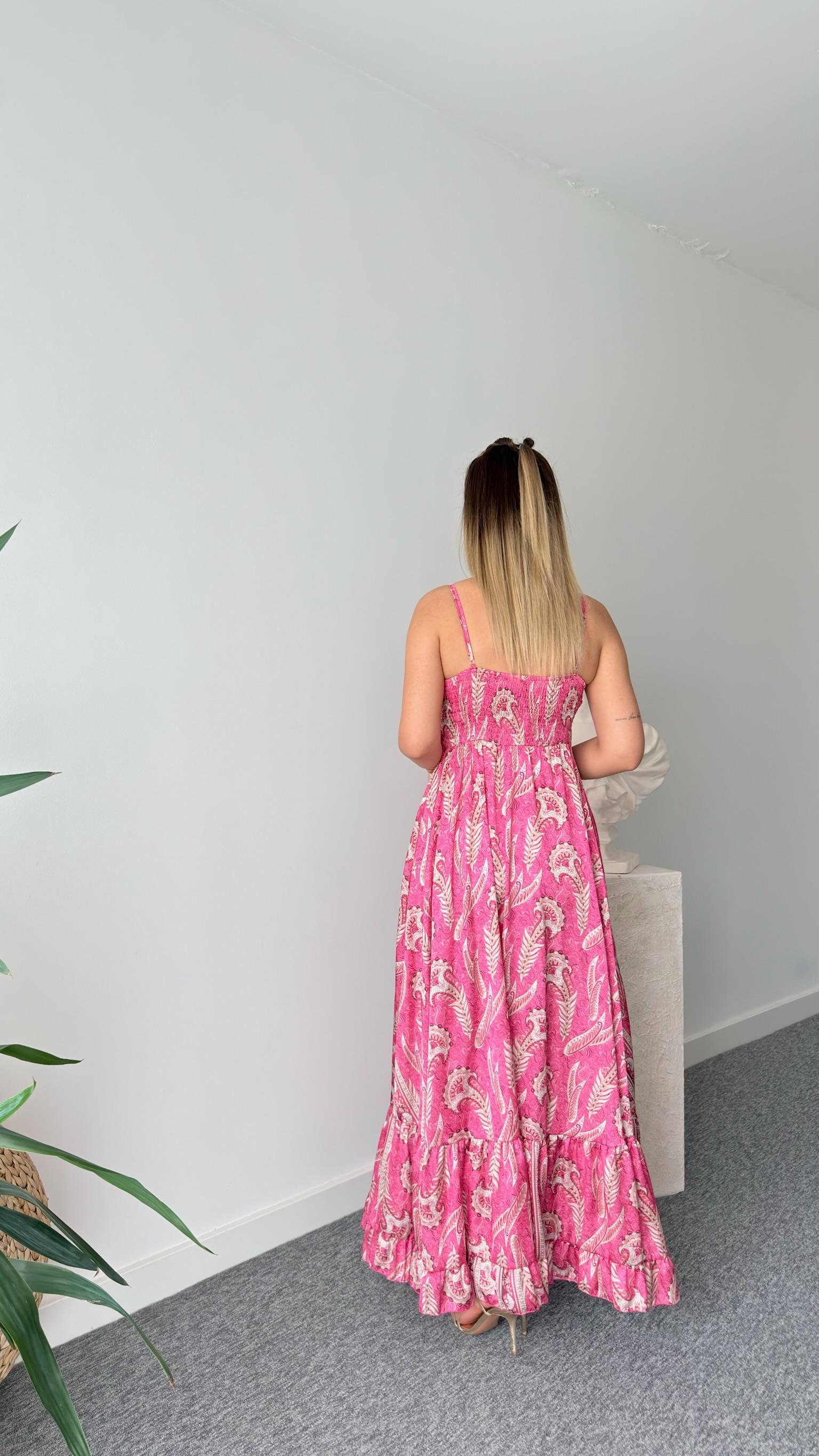 Pembe Etnik Desen Saten Premium Elbise