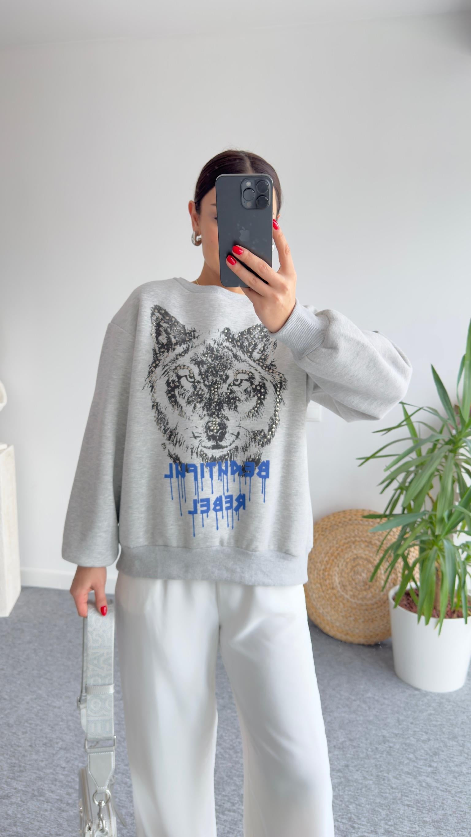 Zımba Baskılı Gri Sweatshirt