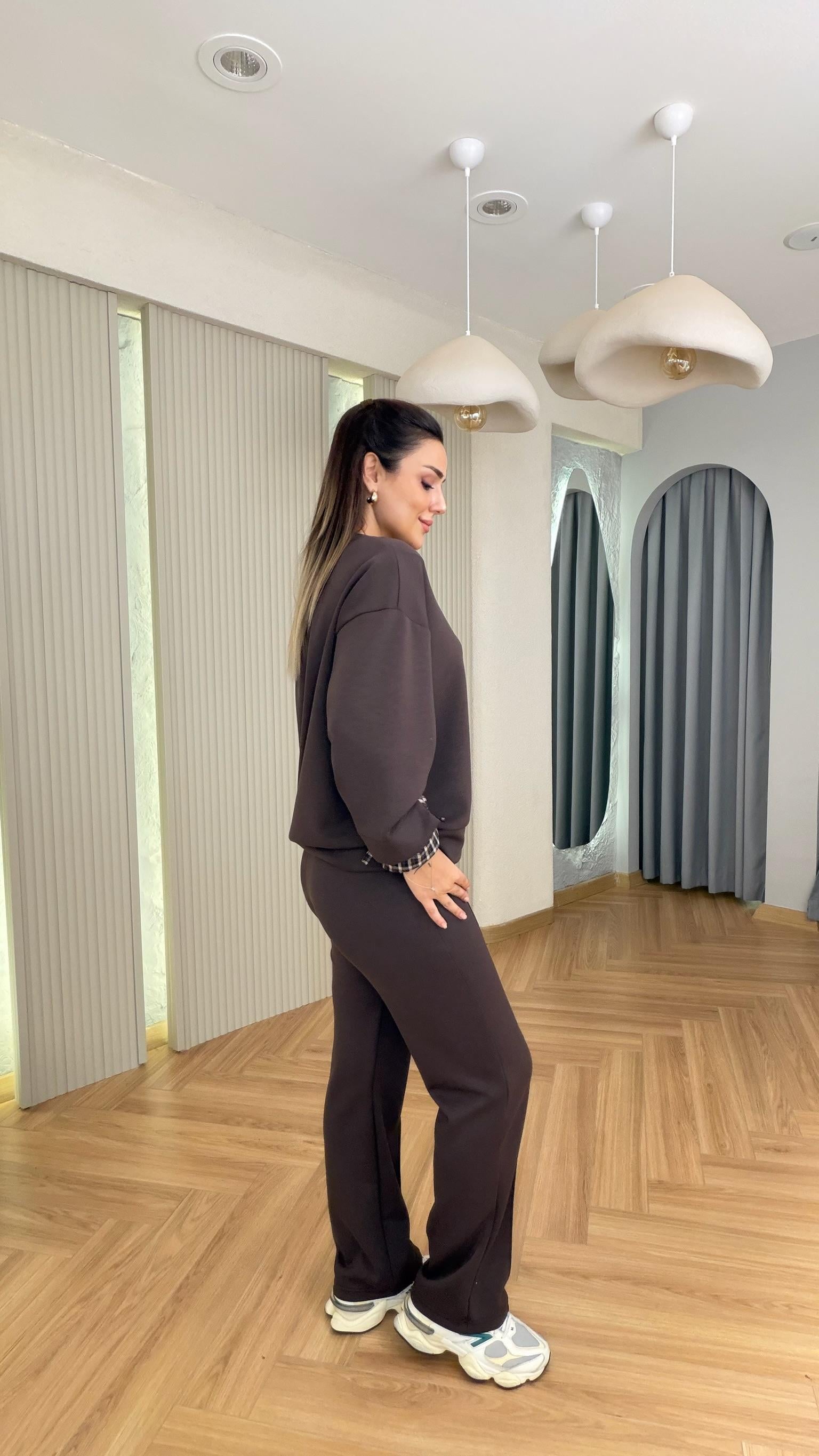 Kahve Kolları Büzgü Ekose Detay Modal Takım