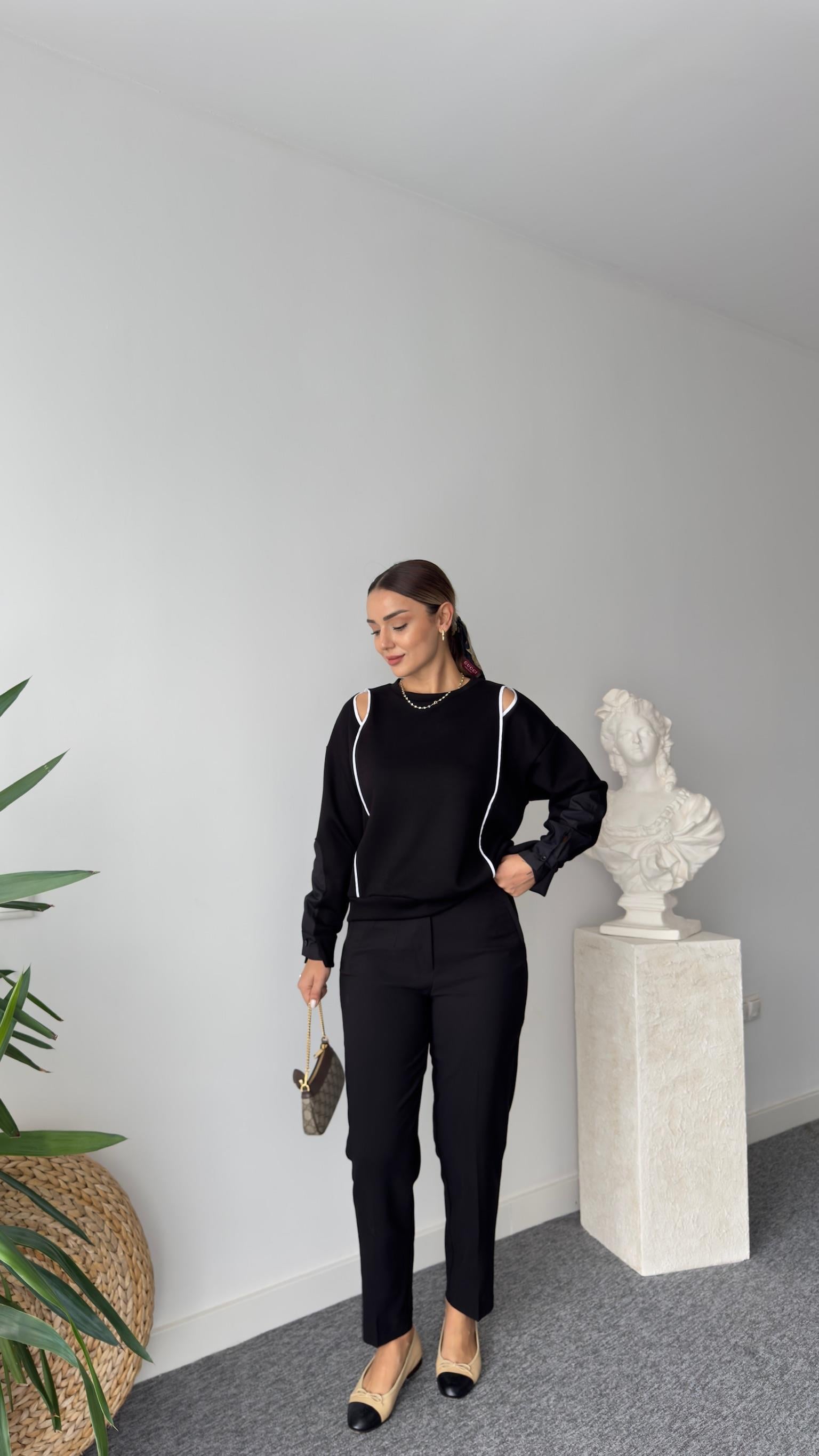 Nella Omuz Pencereli Biyeli Siyah Modal Sweat