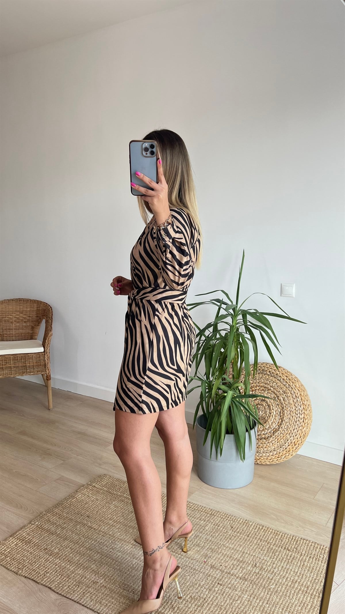 Marka Model Zebra Desen Kuşaklı Elbise 