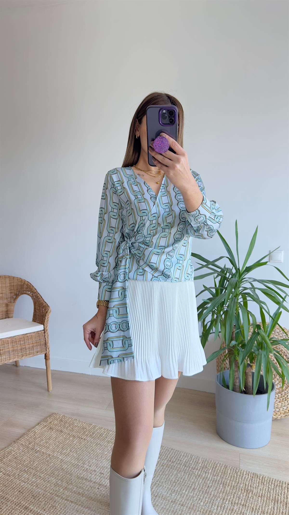 Zincir Baskı Kruvaze Saten Bluz