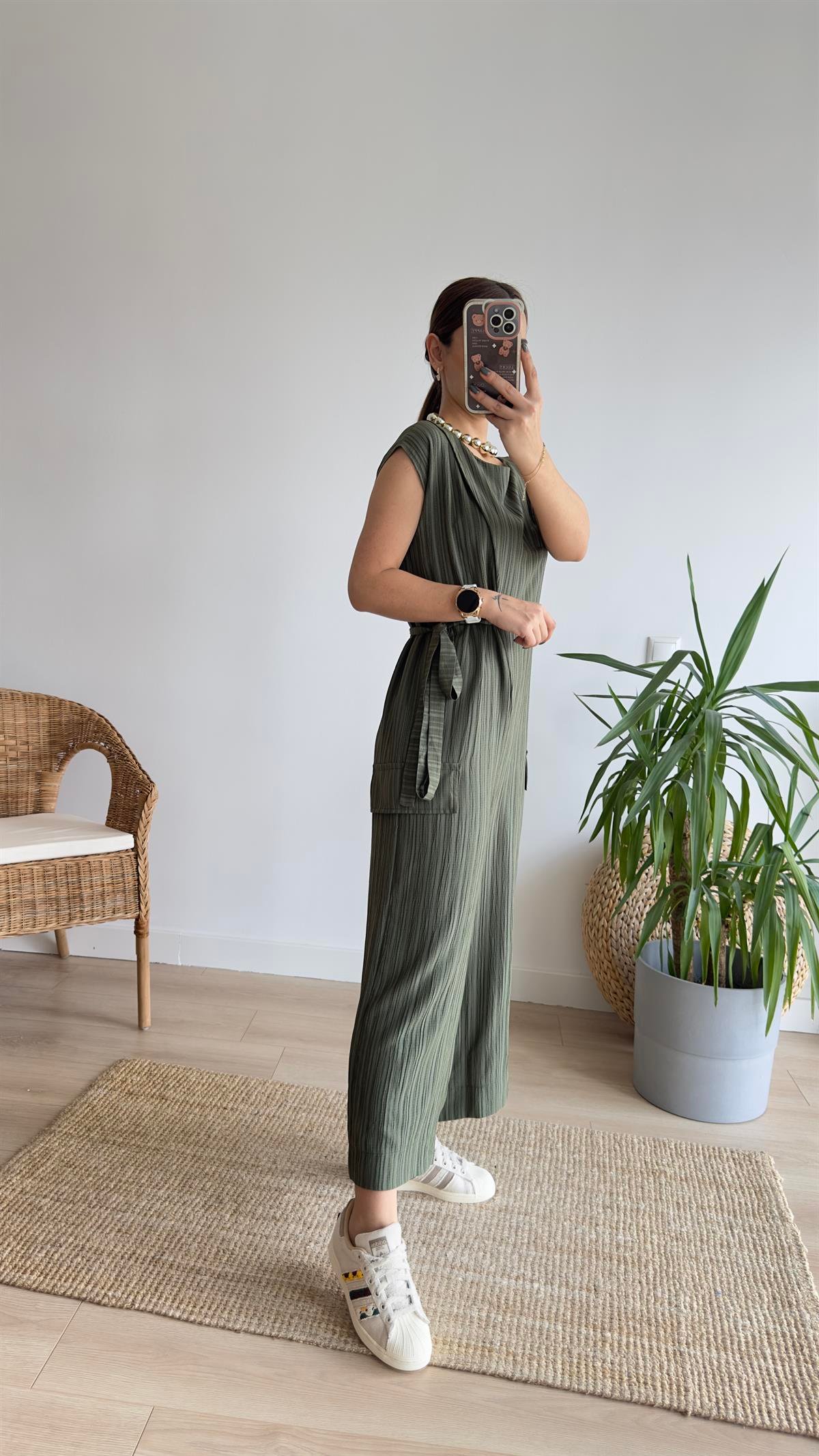 Verte Kuşak Detaylı Haki Tulum