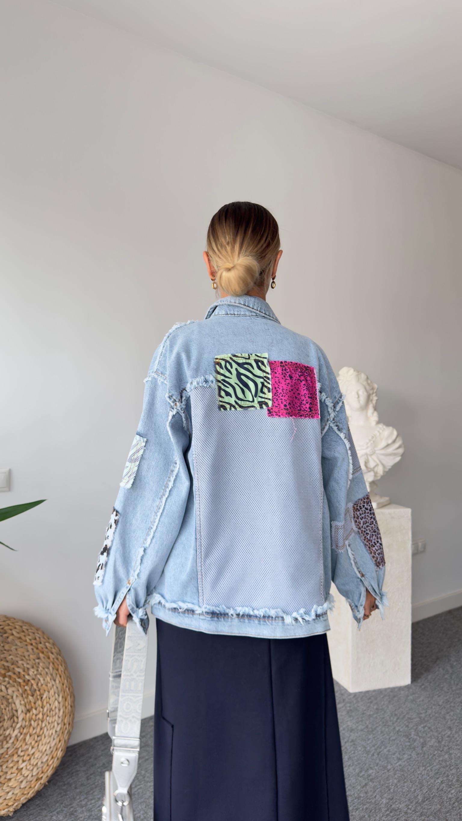 Fileli Patchwork Tasarım Jean Ceket
