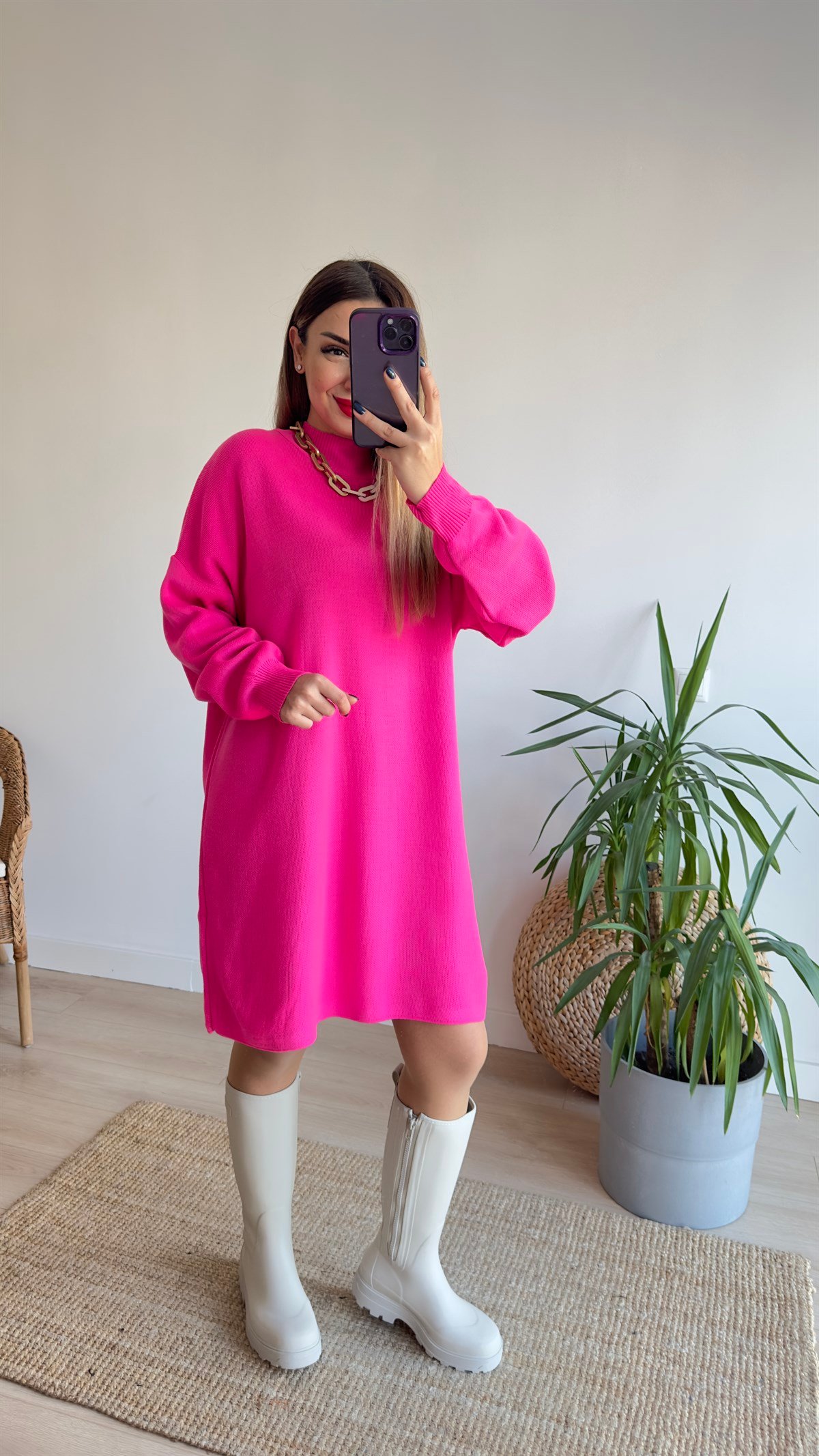 Pembe Dik Yaka Triko Elbise 