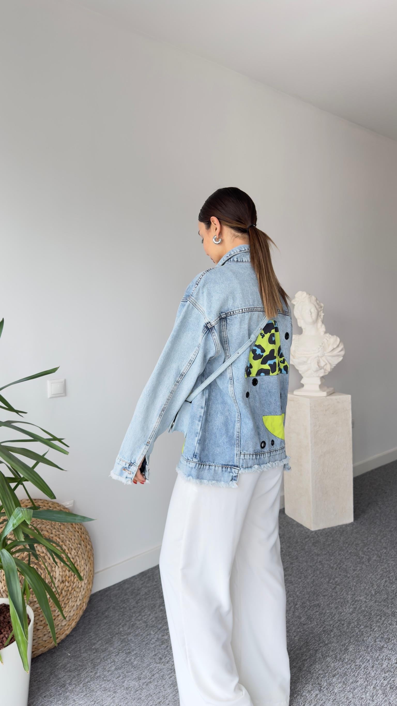 Lera Yeşil Leopar Detaylı Tasarım Jean Ceket