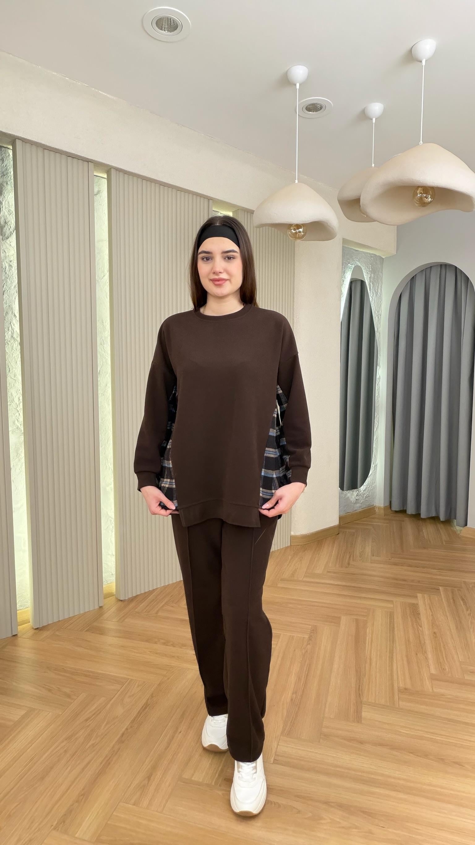 Kahve Lapel Ekose Garnili Selanik Takım