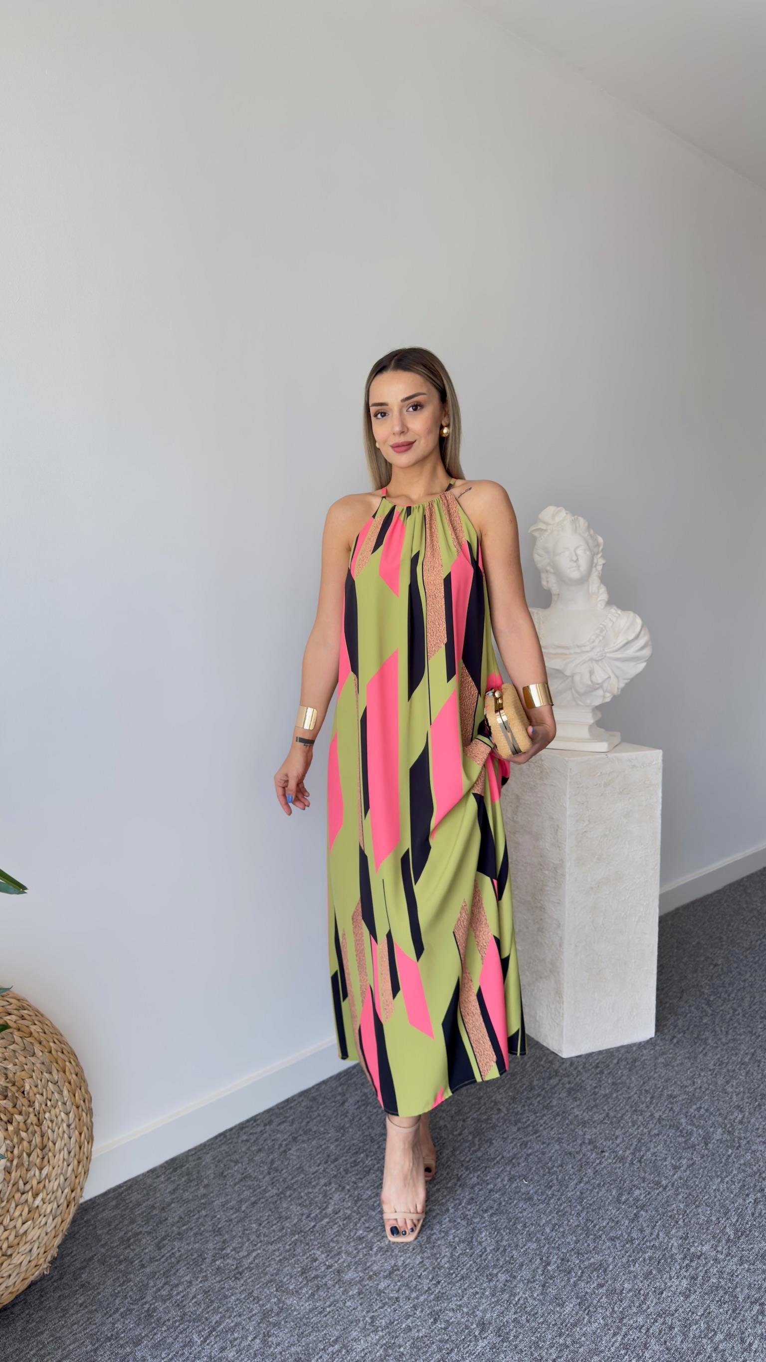 Yeşil Pembe Desenli Elbise