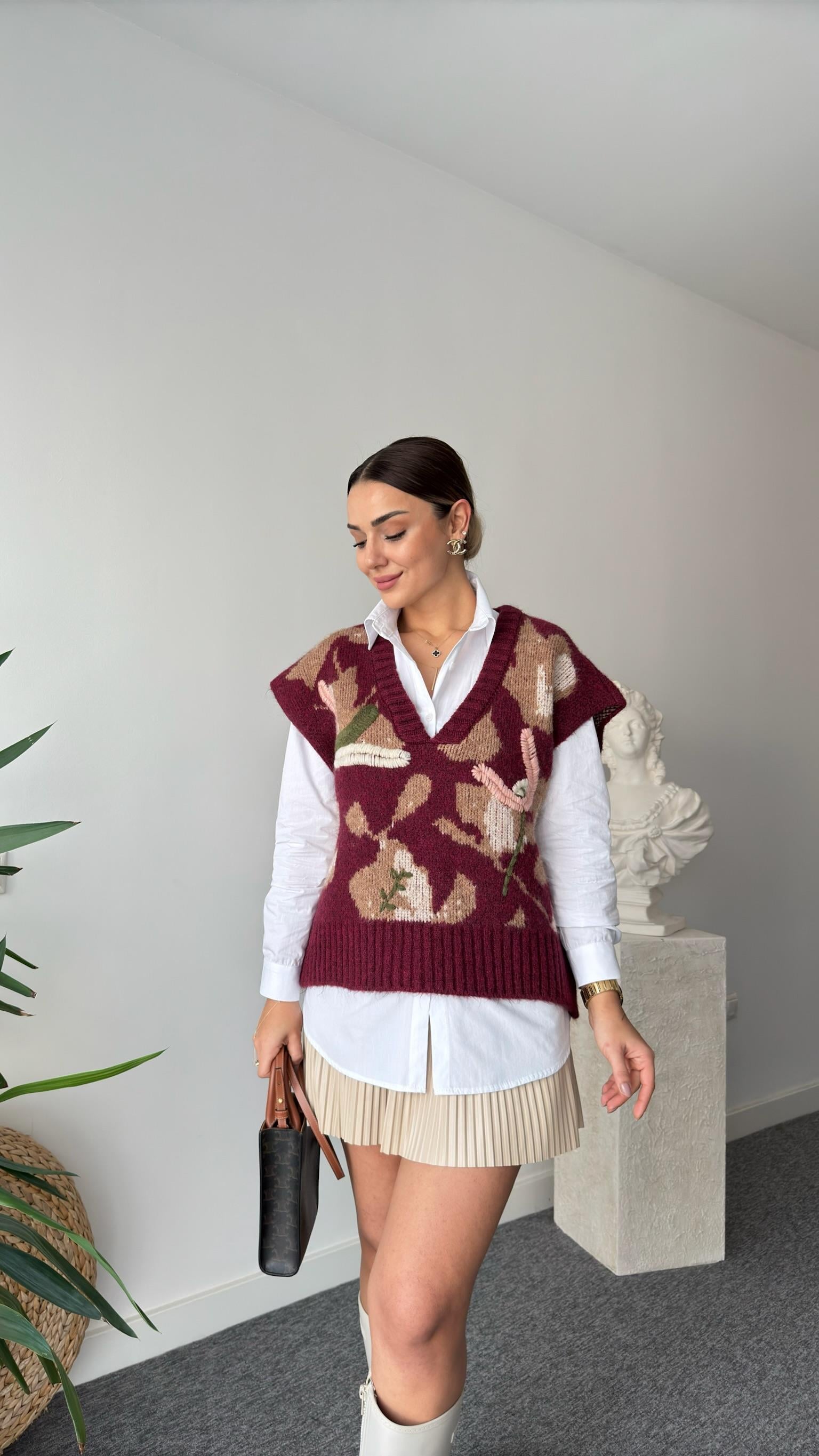 Bordo Nakışlı Karışık Desen Süveter Gömlek İkili Takım