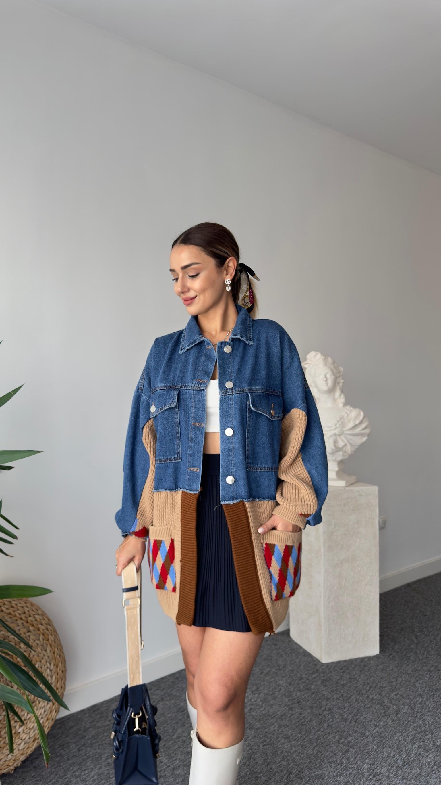 Norber Alt Kahve Trikolu Denim Hırka