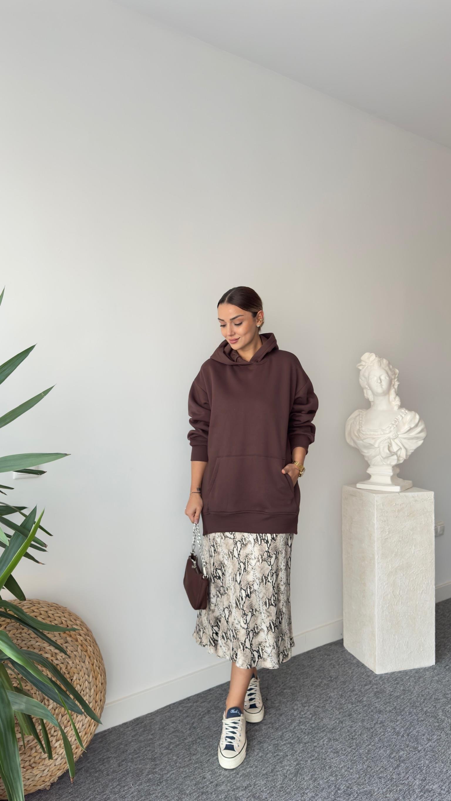 Fendy Yanlar Fermuarlı Salaş Kahve Sweatshirt
