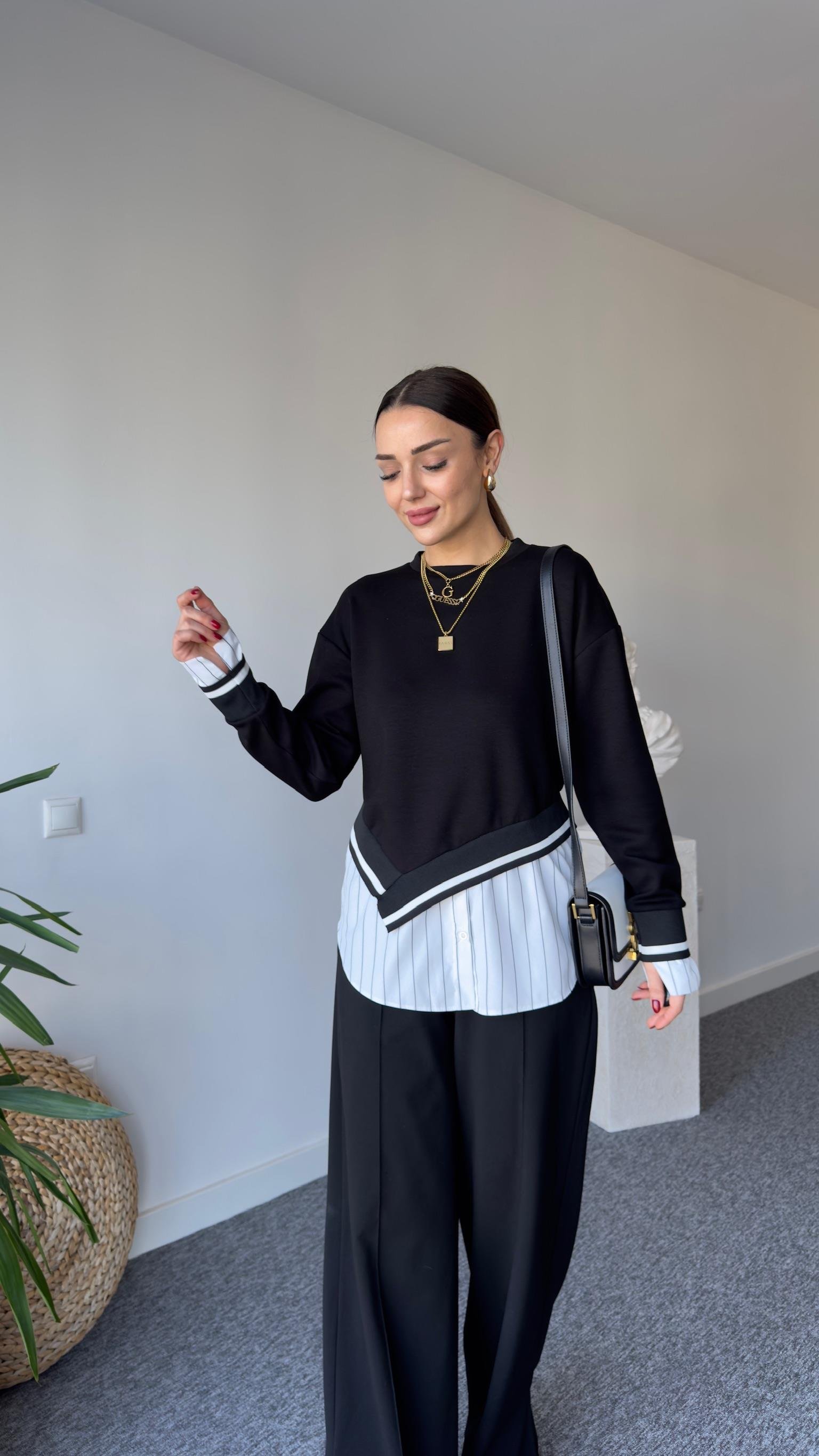 Asimetrik Ribanalı Çizgili Gömlek Detay Modal Sweat