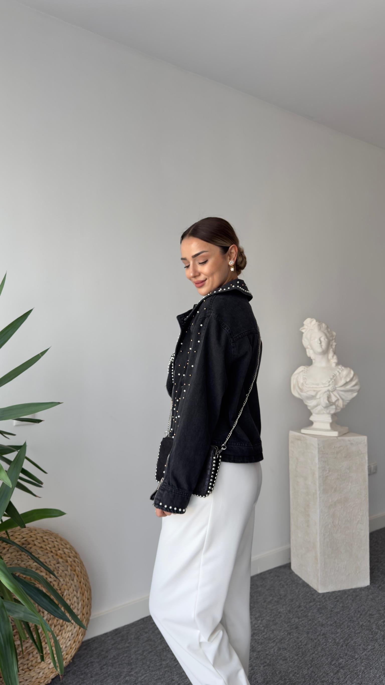 Taş Ve İnci İşlemeli Füme Jean Ceket