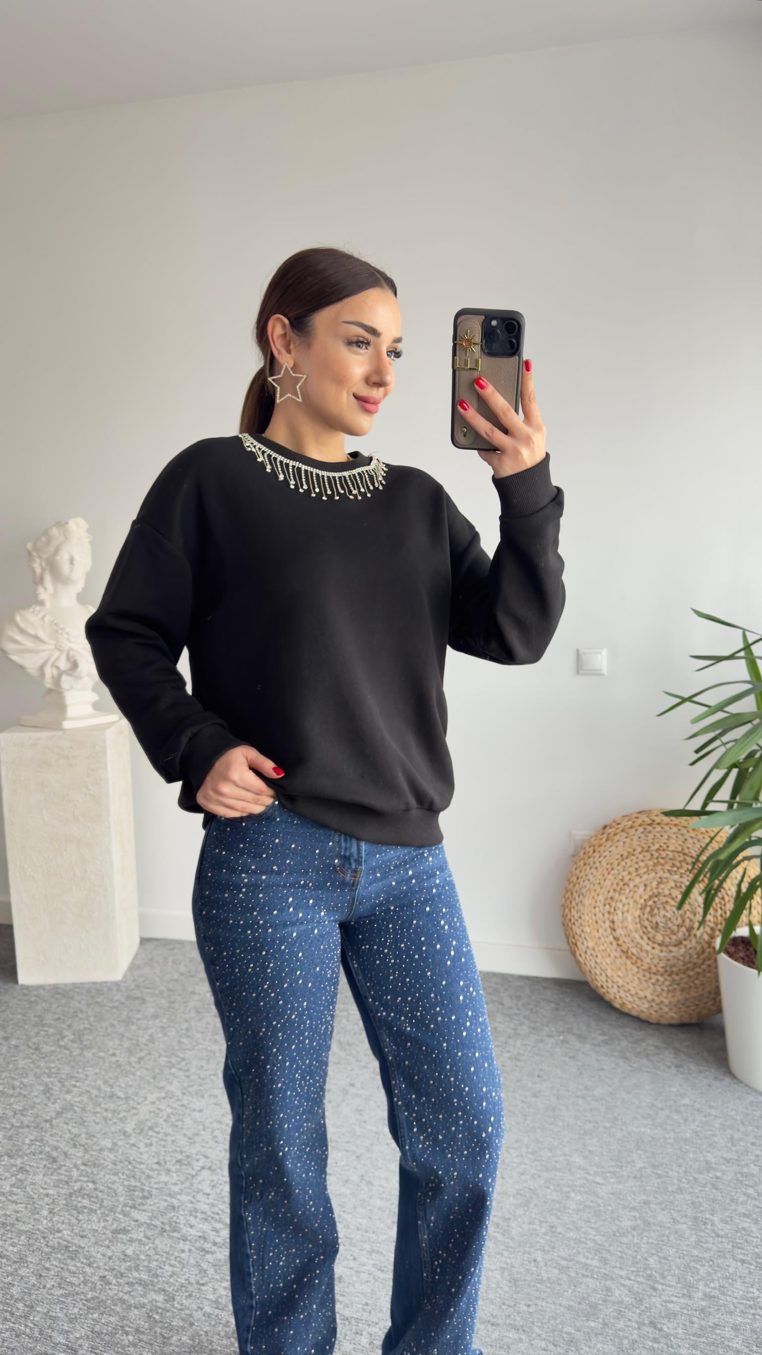 Gtip Yaka Taşlı Siyah Sweat