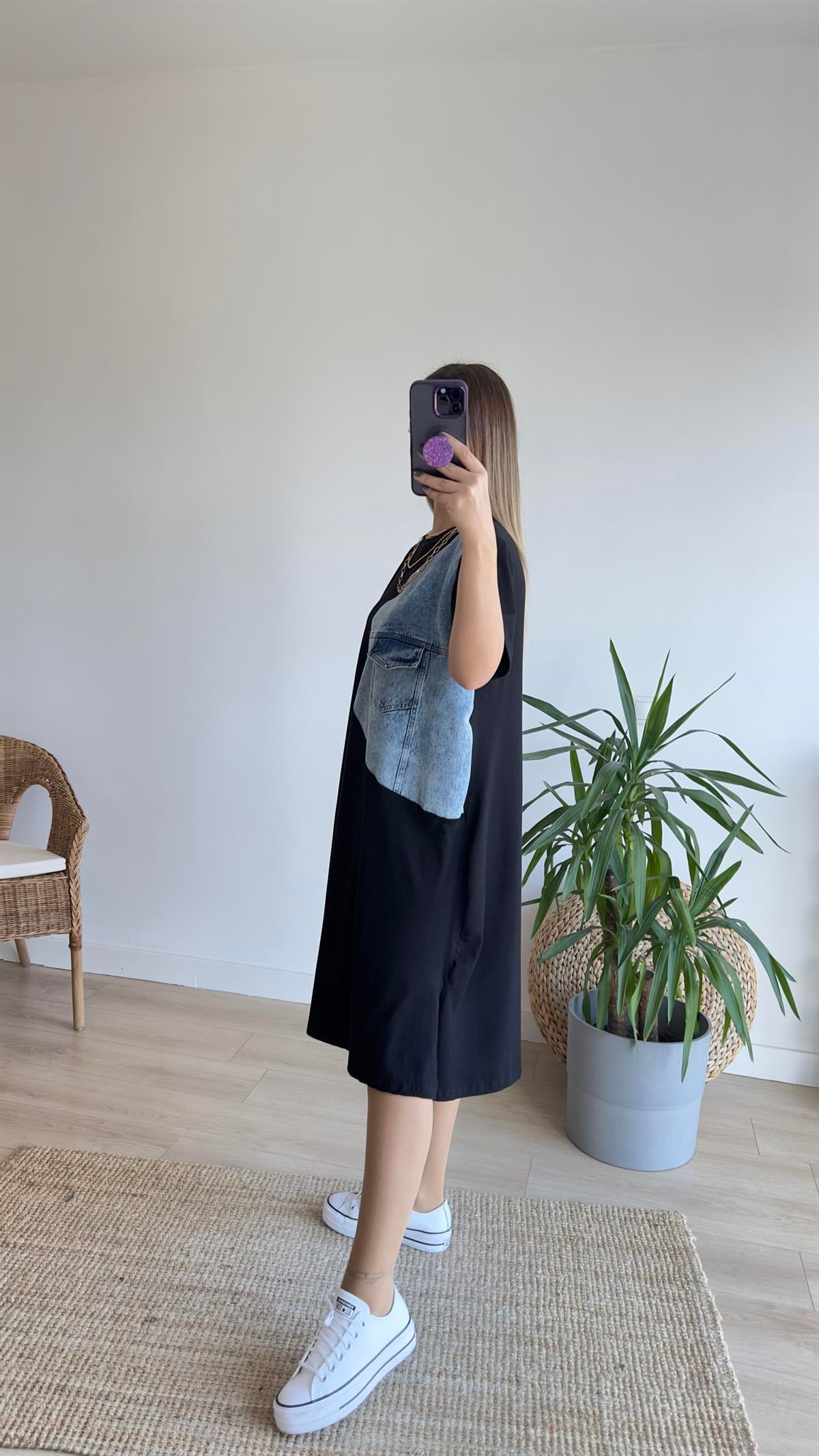 Kot Detaylı Siyah Basic Elbise 