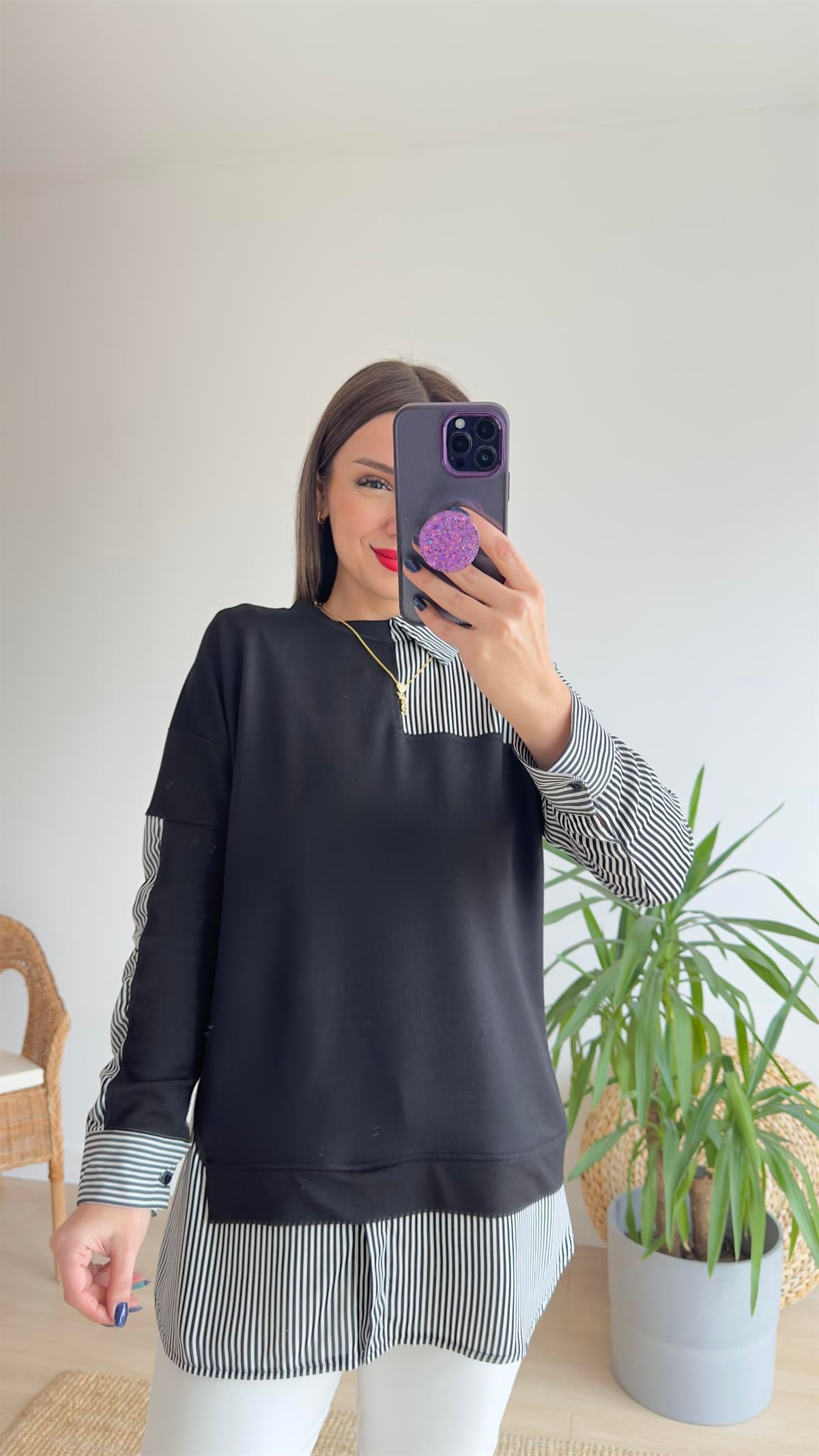 Gömlek Garnili Siyah Sweat