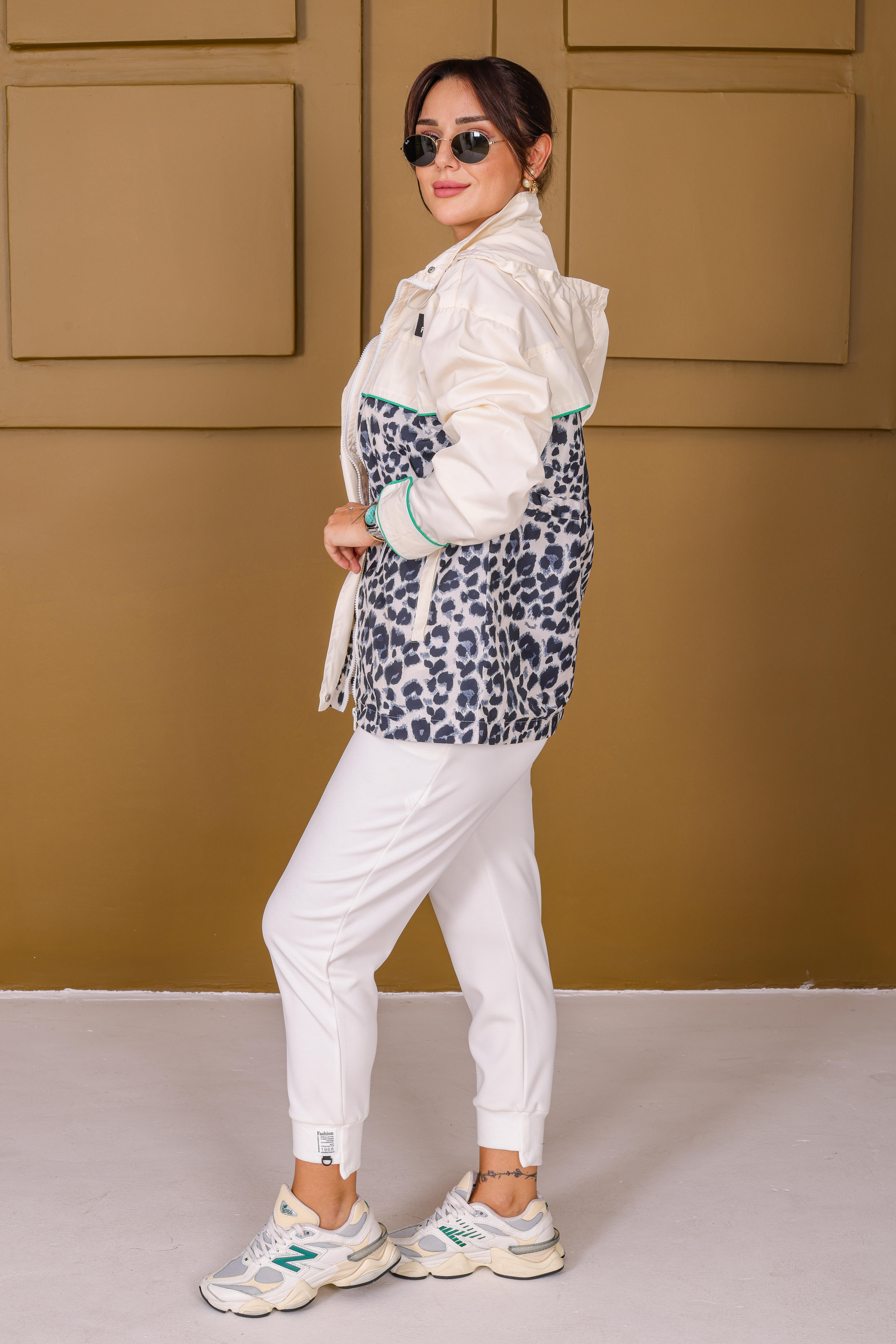 Beyaz Tws Model Leopar Desenli Kapüşonlu Ceket 