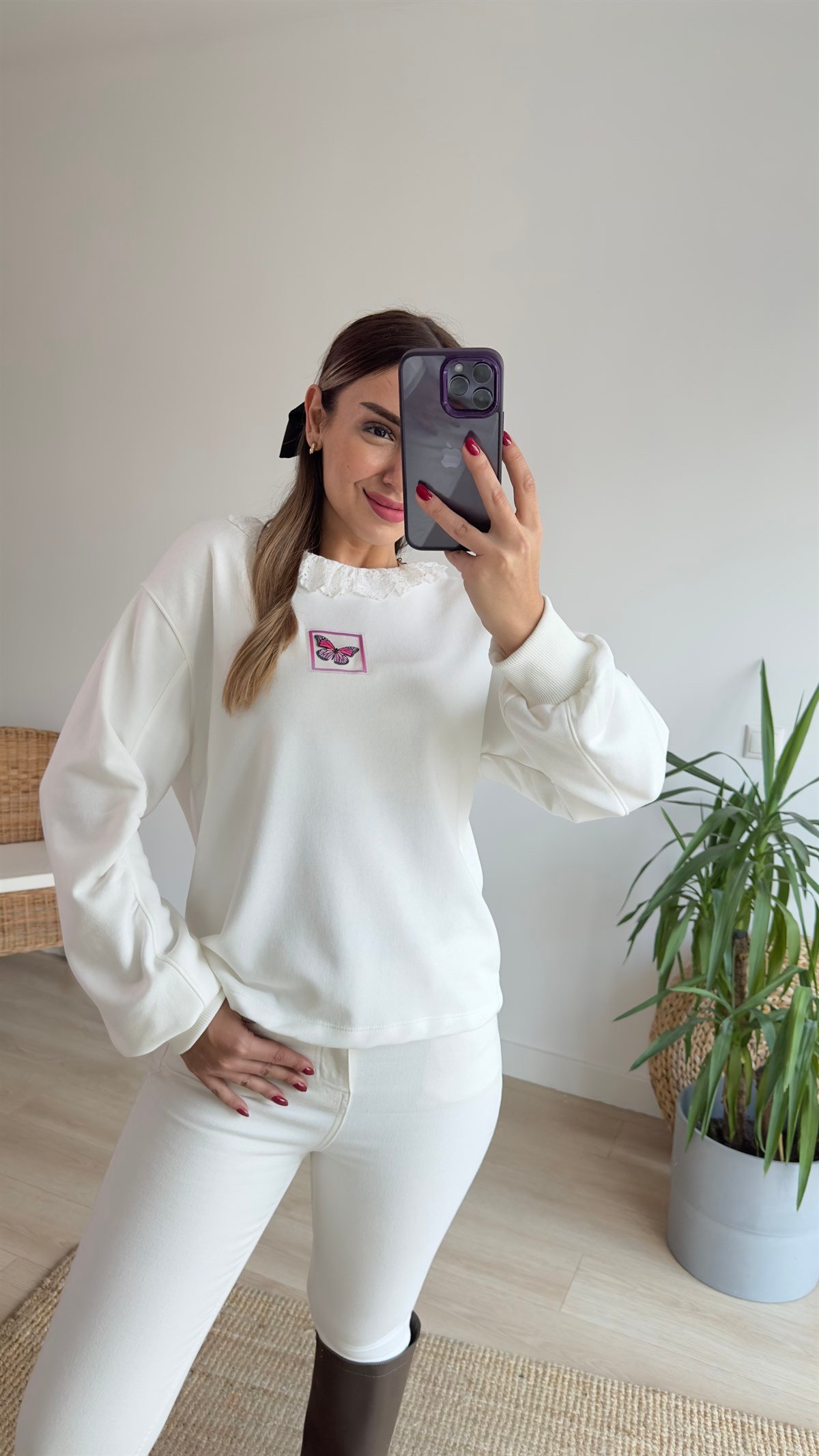 Kolu Büzgülü Kelebek Baskı Sweat