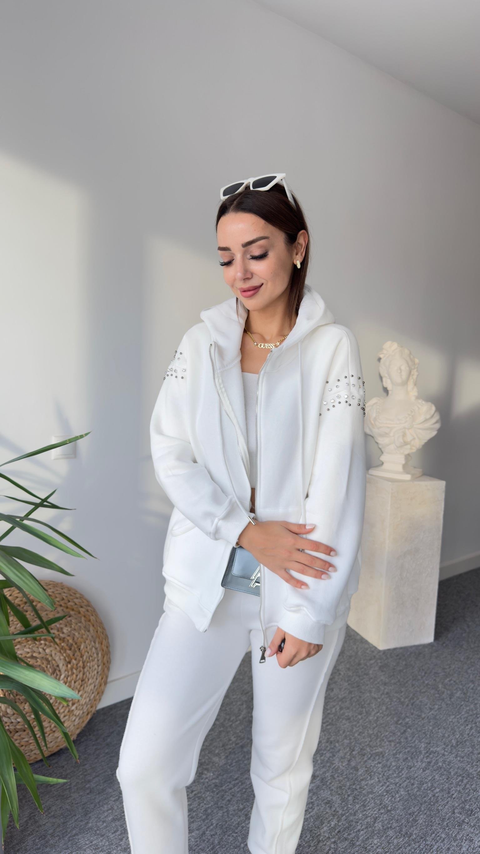 Orj Model Kolları Taşlı Beyaz Sweat